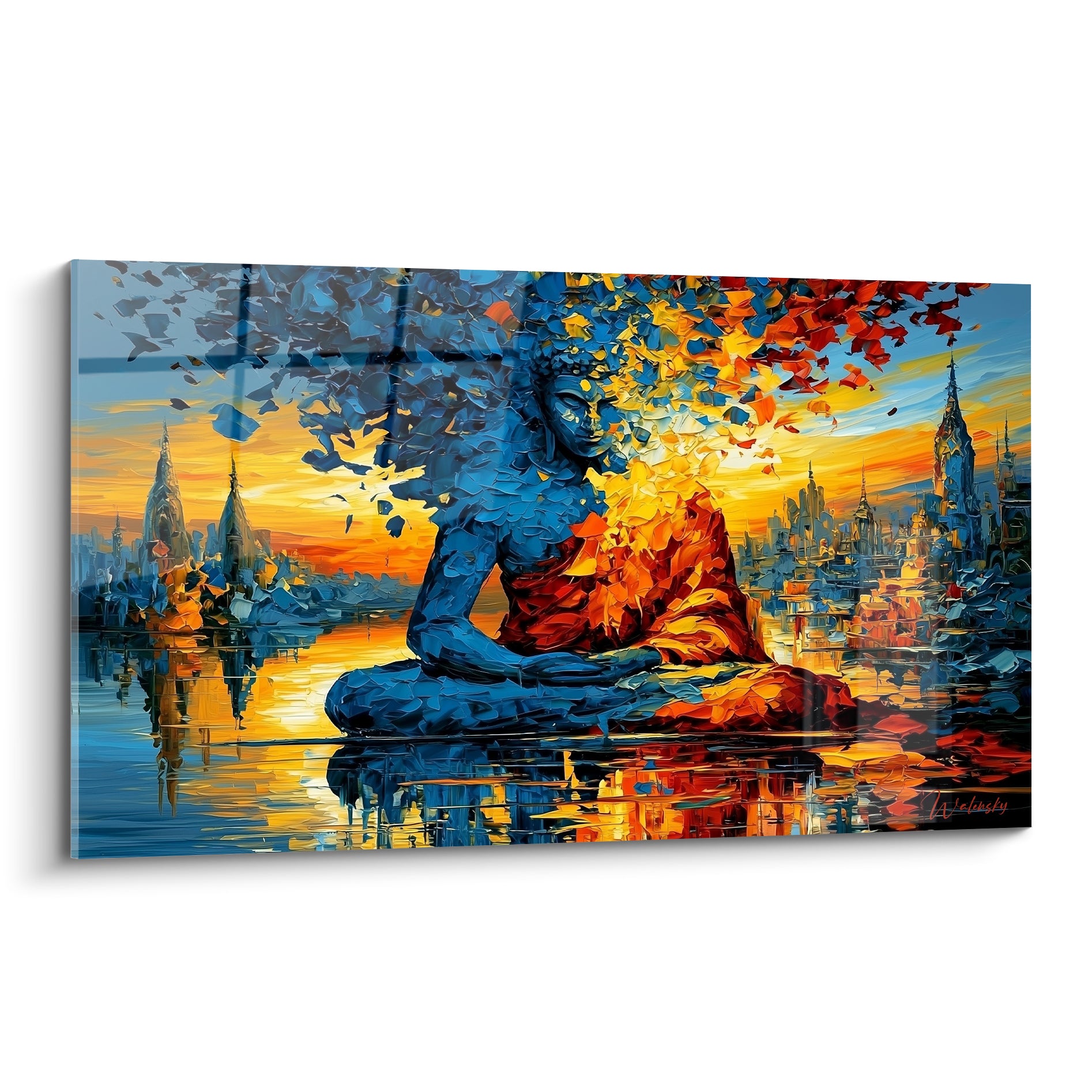 Bouddha assis en méditation, corps bleu marine fragmenté d'éclats orangés, style peinture au couteau