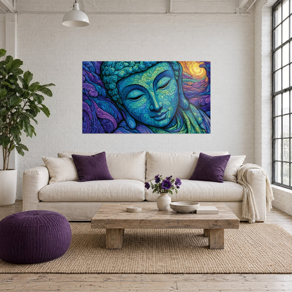 Cuadro rostro de Buda sereno con párpados cerrados, azul turquesa y violeta, volutas doradas, sobre un sofá en un salón luminoso