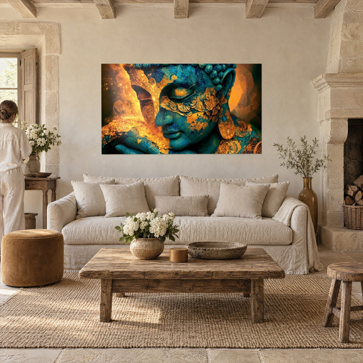 Tableau Bouddha aux yeux clos, visage turquoise craquelé et flammes dorées, une femme de dos, au-dessus d'un canapé dans un salon lumineux