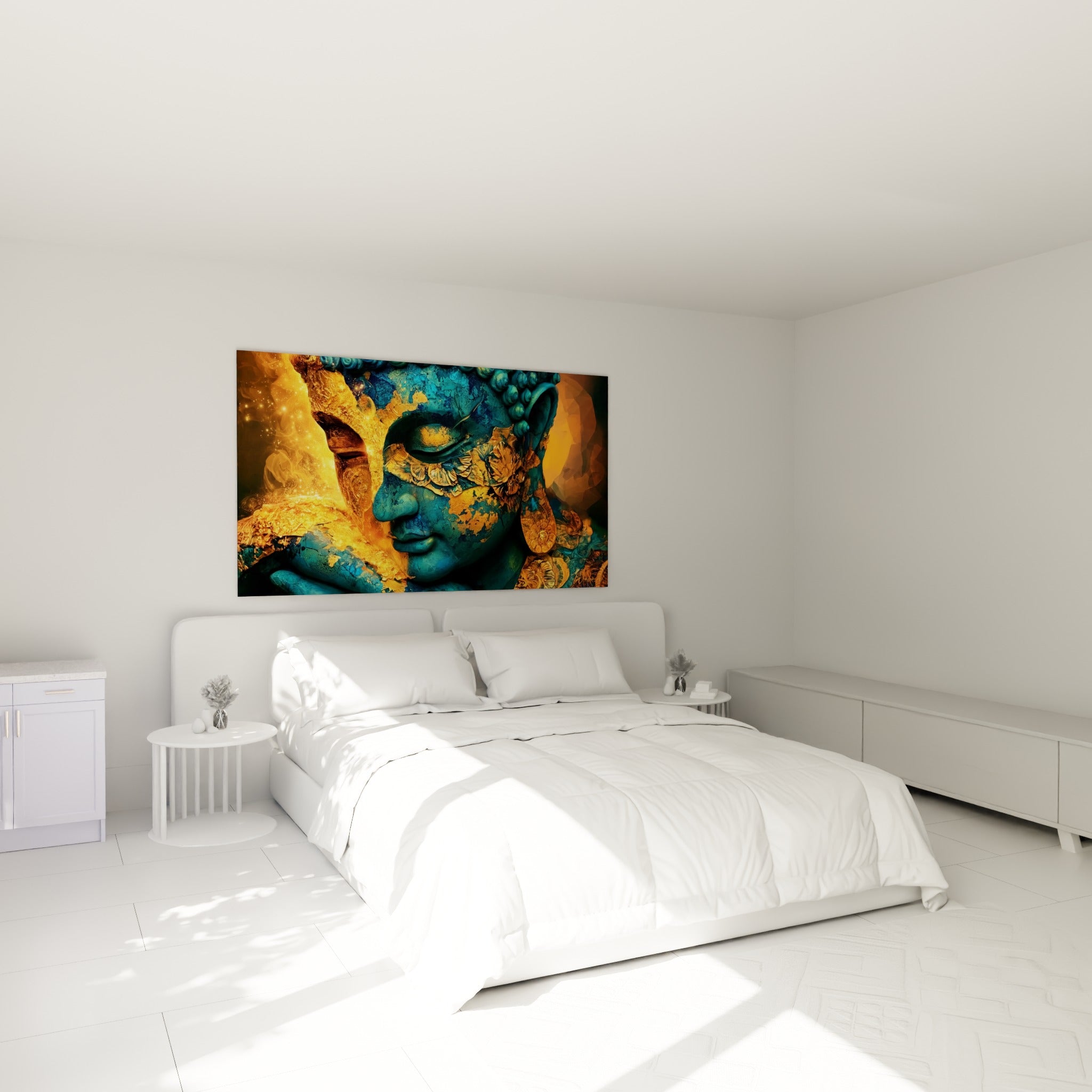 Bouddha méditatif aux tons turquoise et ocre, sculpté avec éclats dorés, au-dessus d'un lit dans une chambre claire