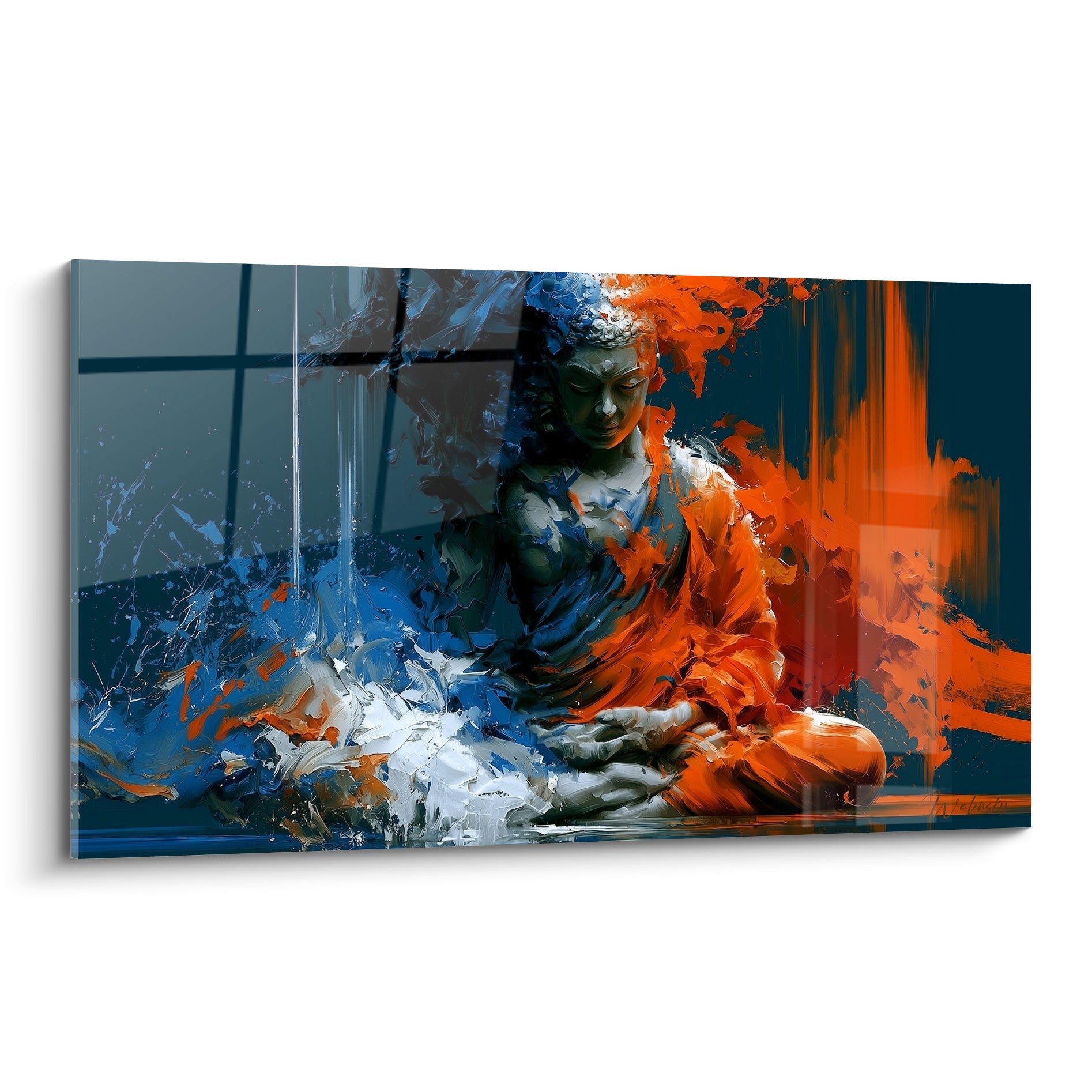 Bouddha en méditation, robe orange fauve et éclats bleu marine, peinture expressive au couteau