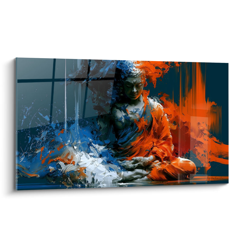 Tableau Statue bleu et orange aux éclaboussures d'écume blanche - Fenêtre grillagée en arrière-plan - Edition Bouddha