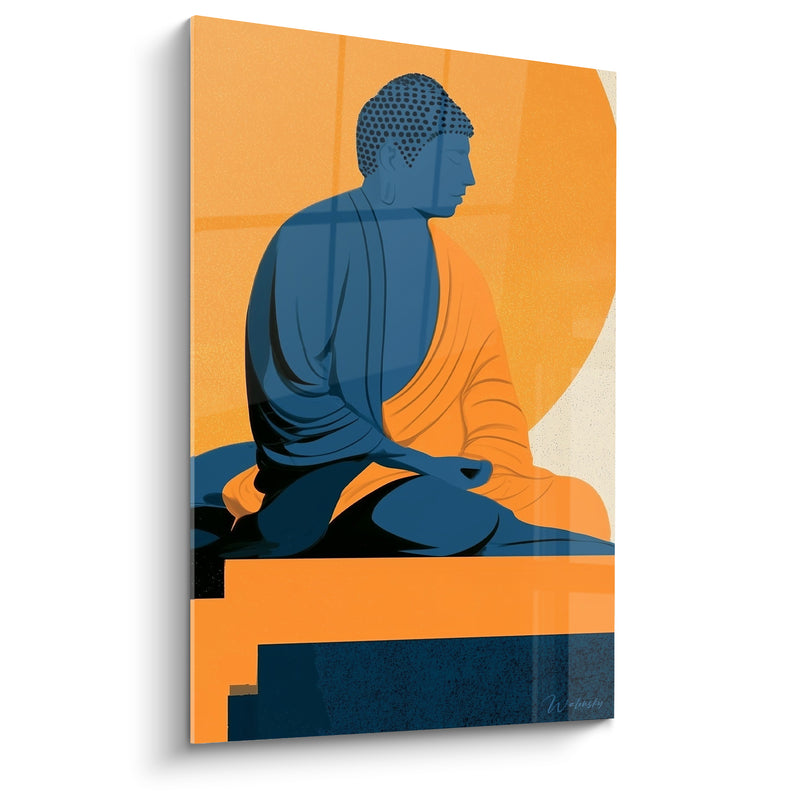 Tableau Statue bleue et orange assise sur socle géométrique - Disque solaire pâle - Edition Bouddha