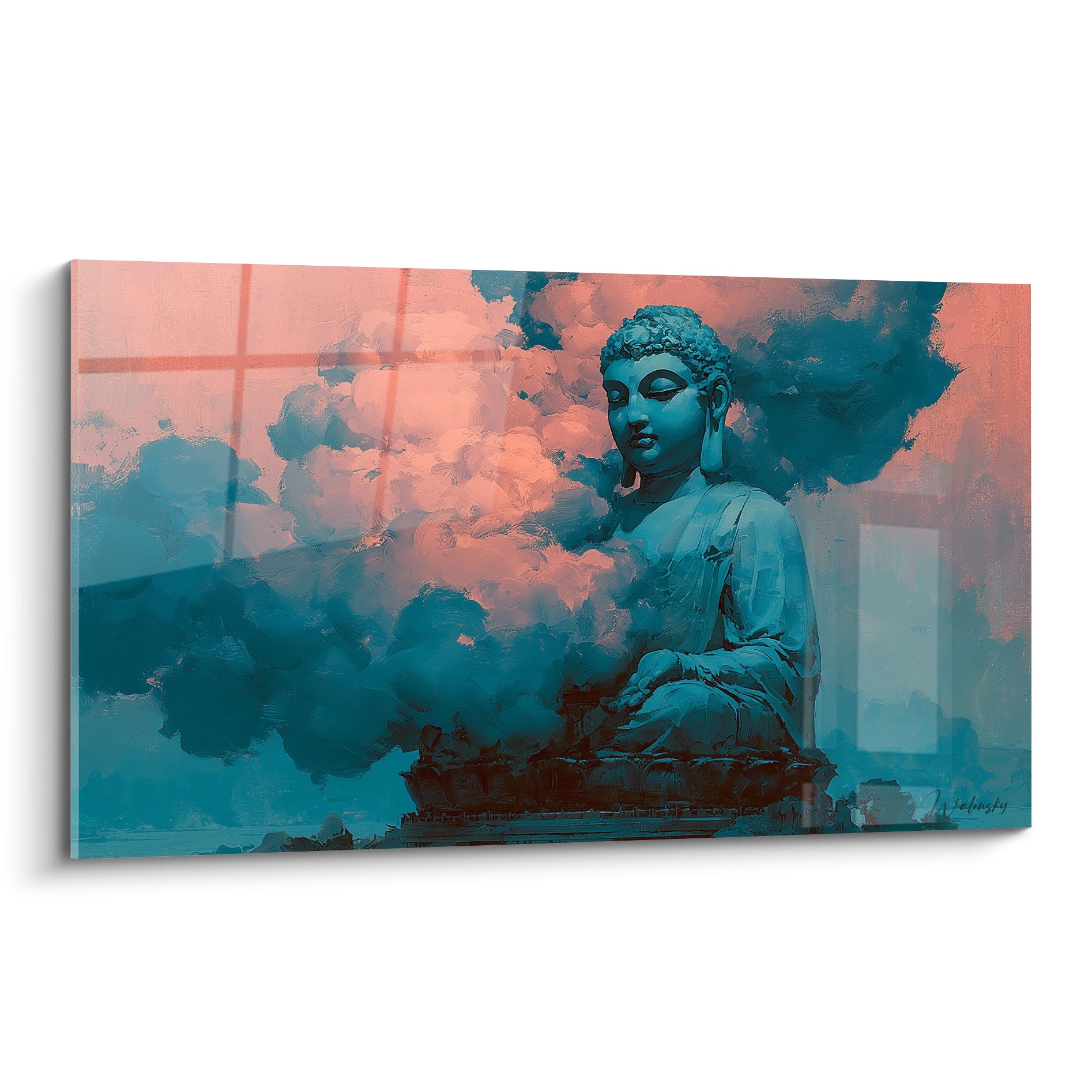 Bouddha assis en méditation, silhouette bleu pétrole émergeant d'un nuage corail et rose pâle