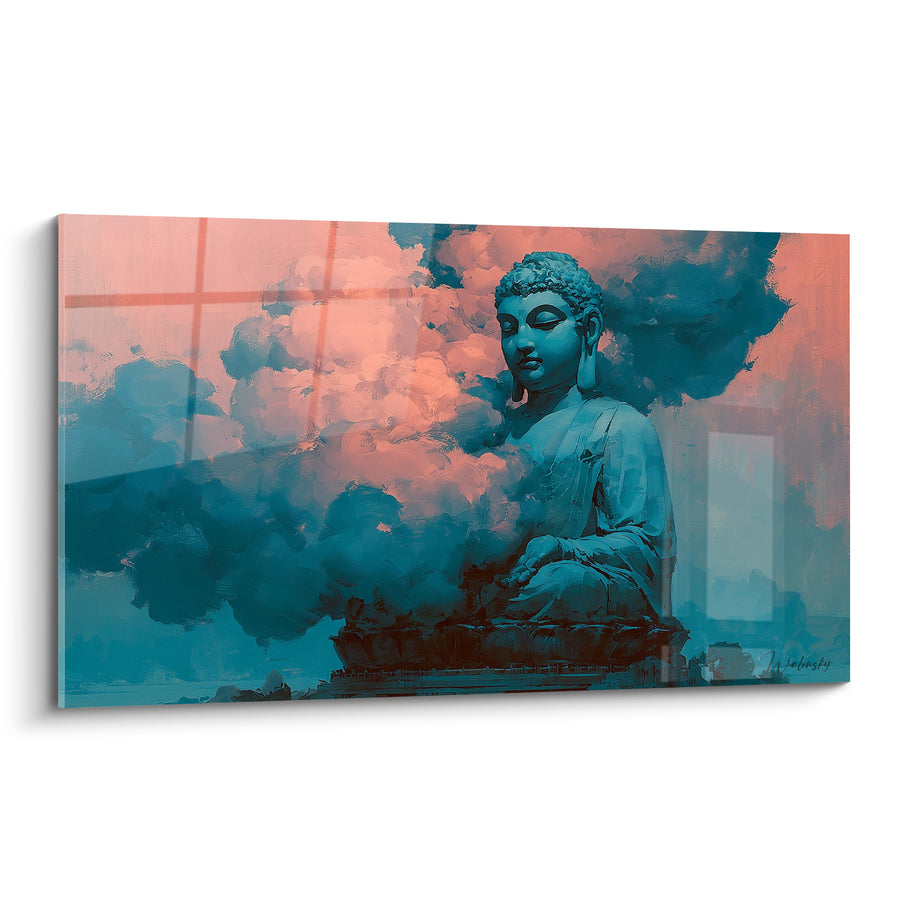 Tableau Statue en méditation bleu pétrole et corail - Éveil dans la brume - Edition Bouddha