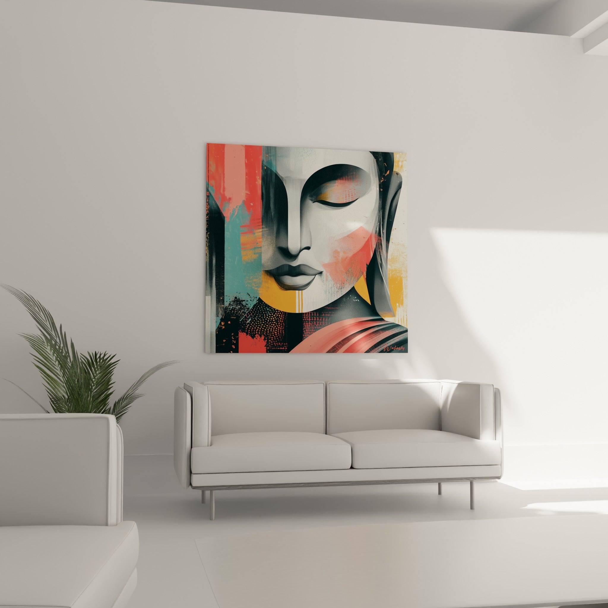 Visage méditatif du Bouddha entre bleu sarcelle et rose vif, au-dessus d'un canapé dans un salon lumineux
