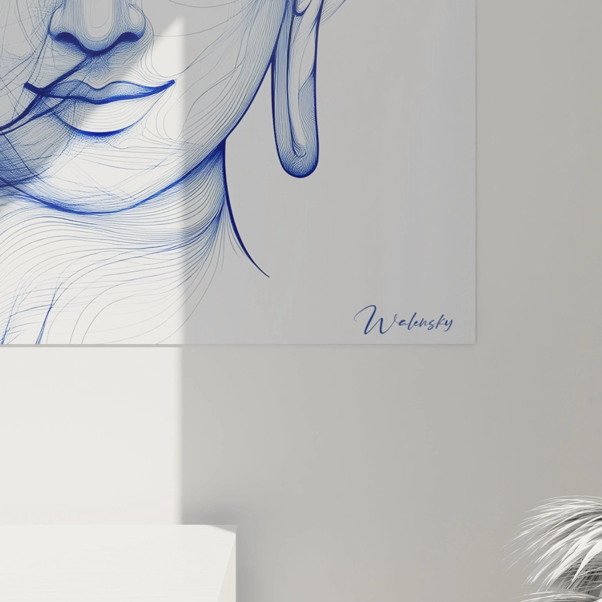 Tableau bouddha moderne signé Walensky avec dessin linéaire bleu représentant un visage paisible