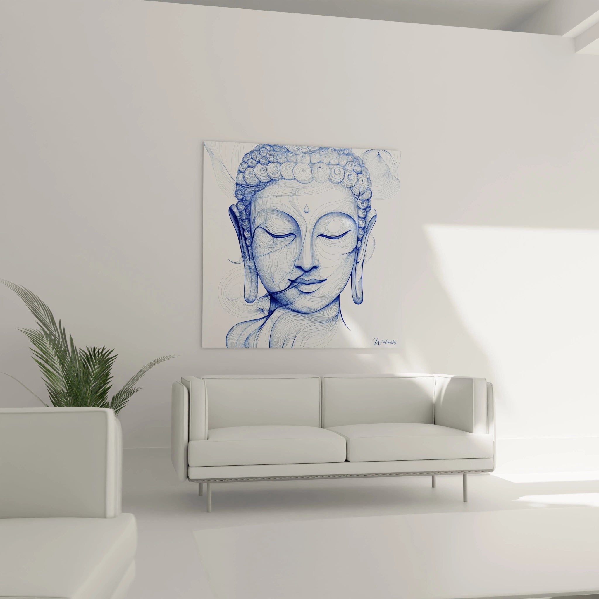 Tableau Bouddha bleu signé Walensky accroché dans un salon lumineux avec canapé blanc moderne