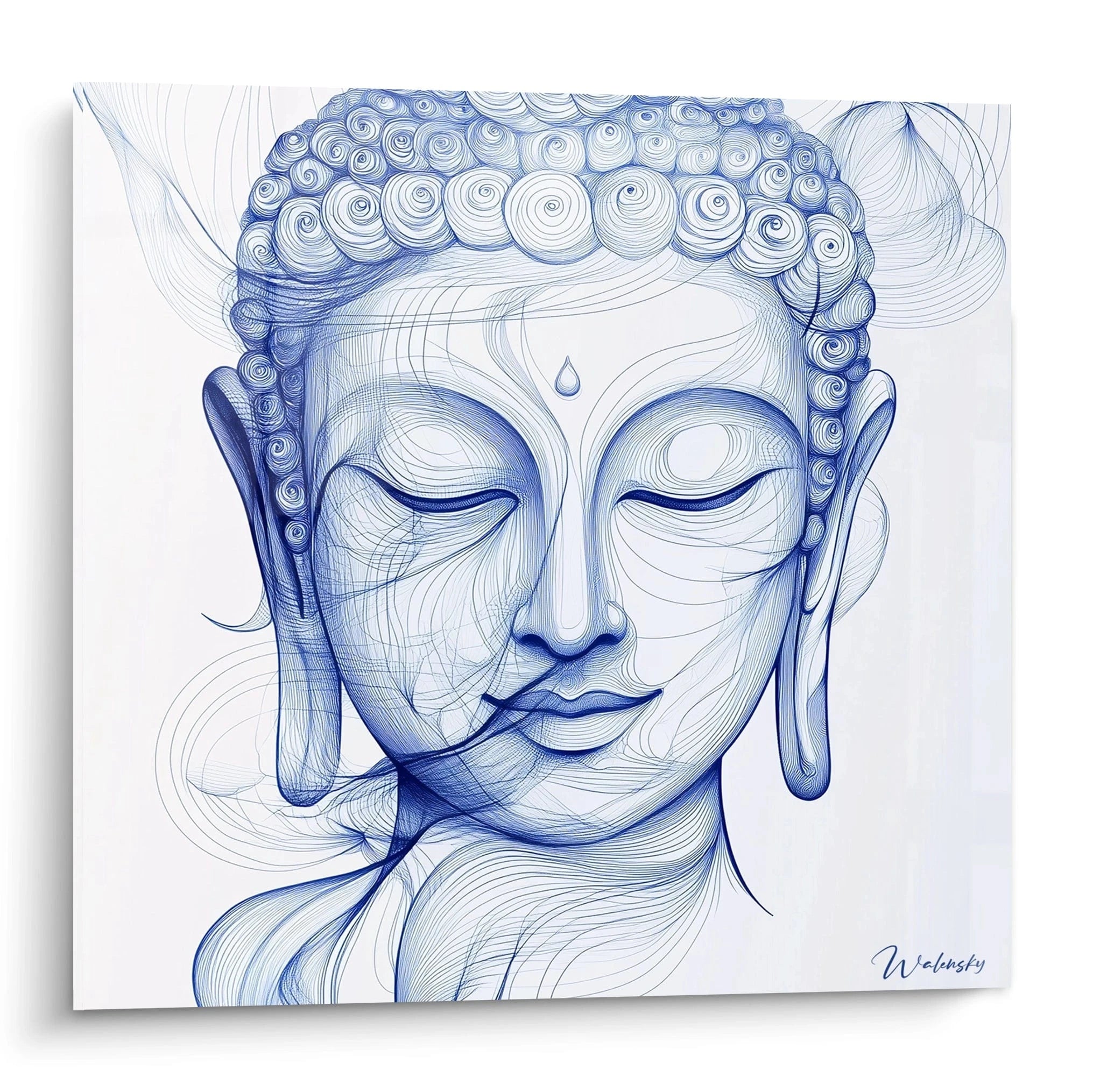 Tableau bouddha Walensky en ton bleu avec dessin stylisé de visage apaisant et fermé
