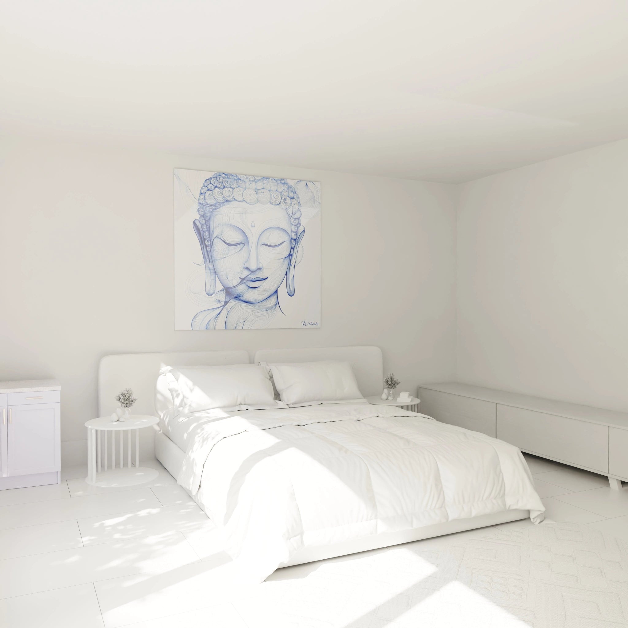 Tableau Bouddha Walensky en bleu accroché au-dessus d'un lit dans une chambre blanche moderne