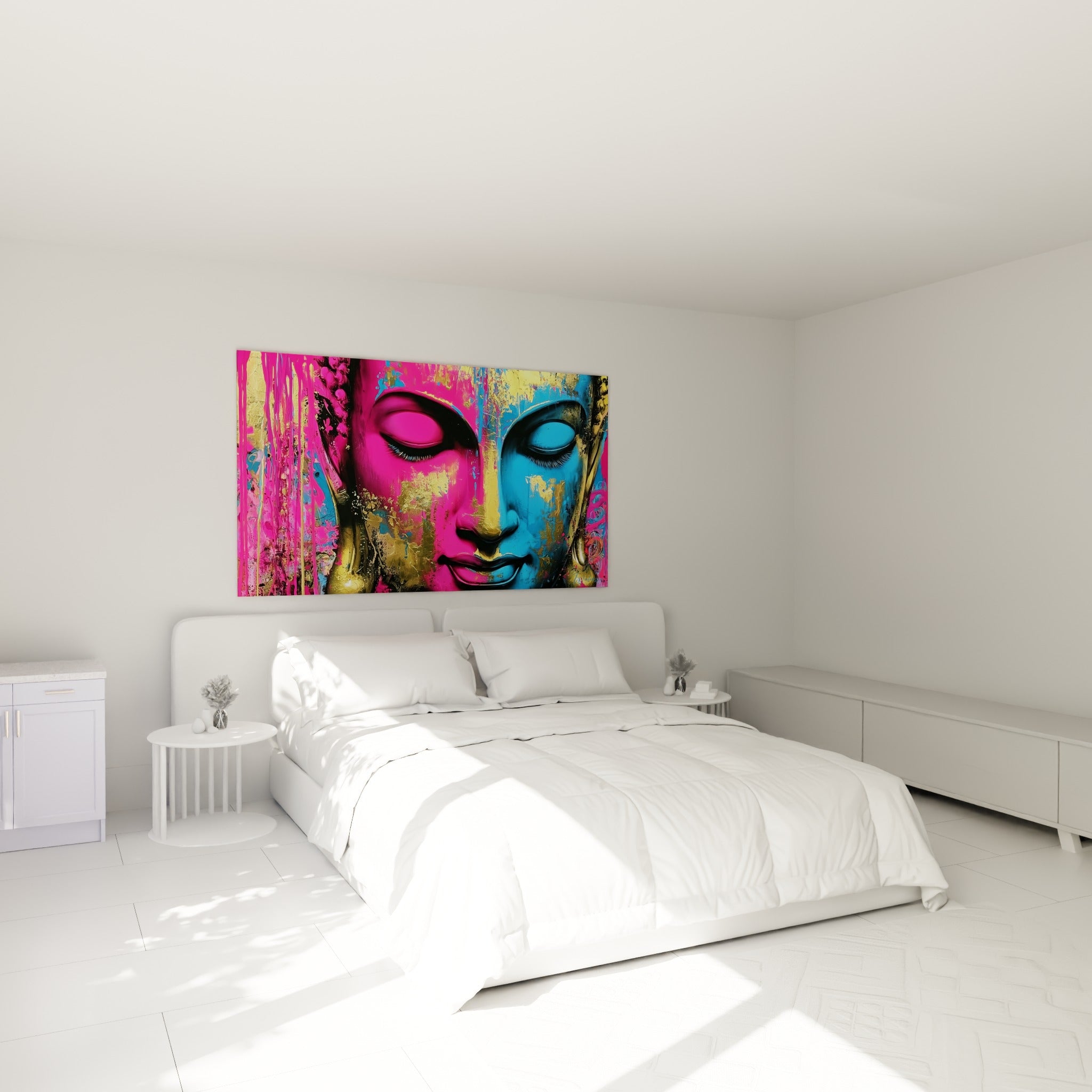 Sérénité peinte en rose et bleu, visage de Bouddha accroché au-dessus d'un lit dans une chambre claire