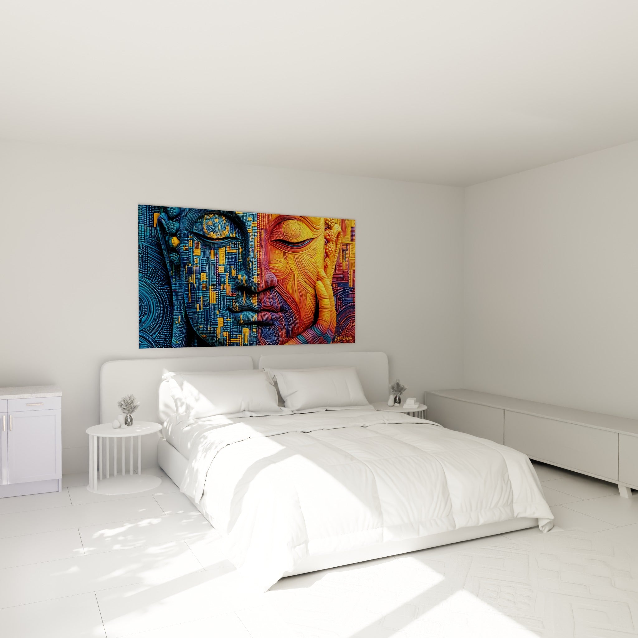 Bouddha aux teintes bleu nuit et dorées, au-dessus d'un lit dans une chambre claire