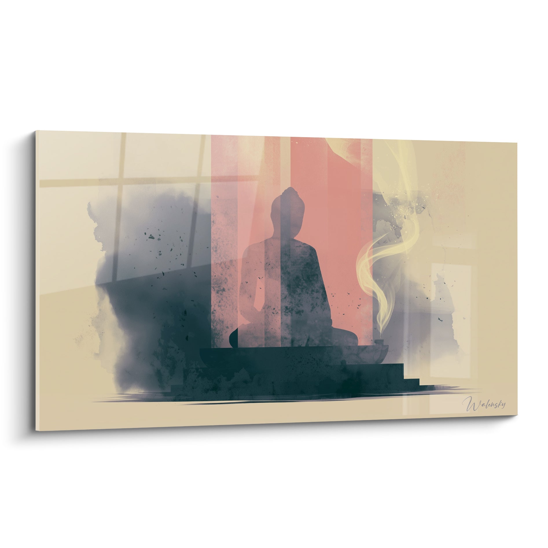 Bouddha assis en silhouette anthracite entouré de bandes corail et beige sable