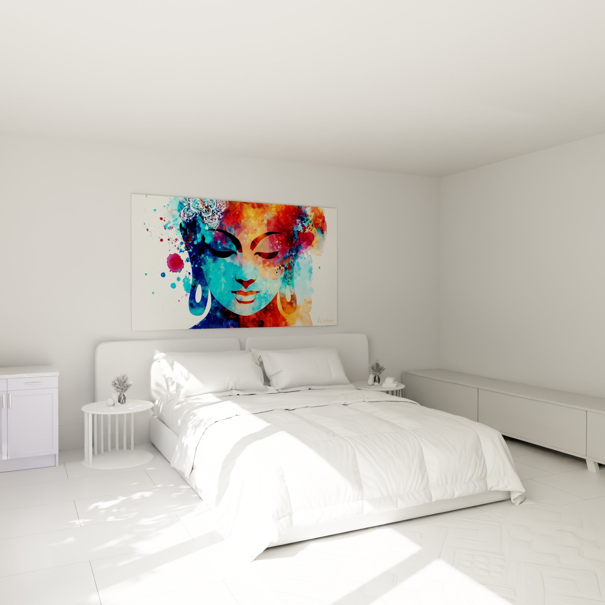 Portrait de Bouddha turquoise et corail au-dessus d'un lit dans une chambre claire