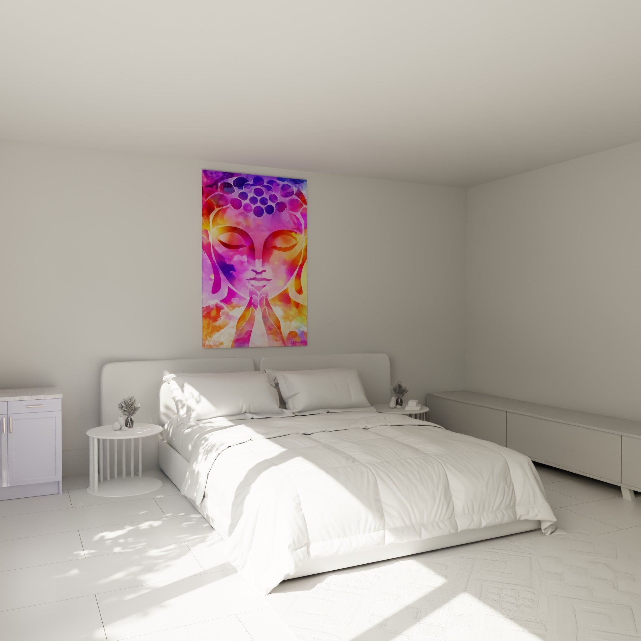 Visage recueilli en rose et orange, mains jointes, au-dessus d'un lit dans une chambre claire