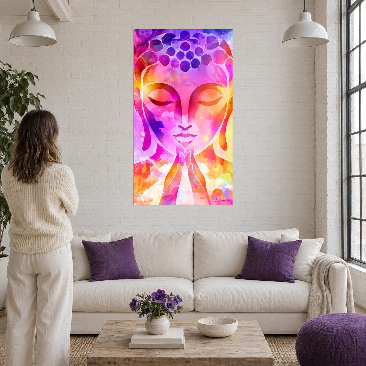 Quadro volto del Buddha con le mani giunte, fucsia e viola, una donna di spalle, sopra un divano in un soggiorno luminoso