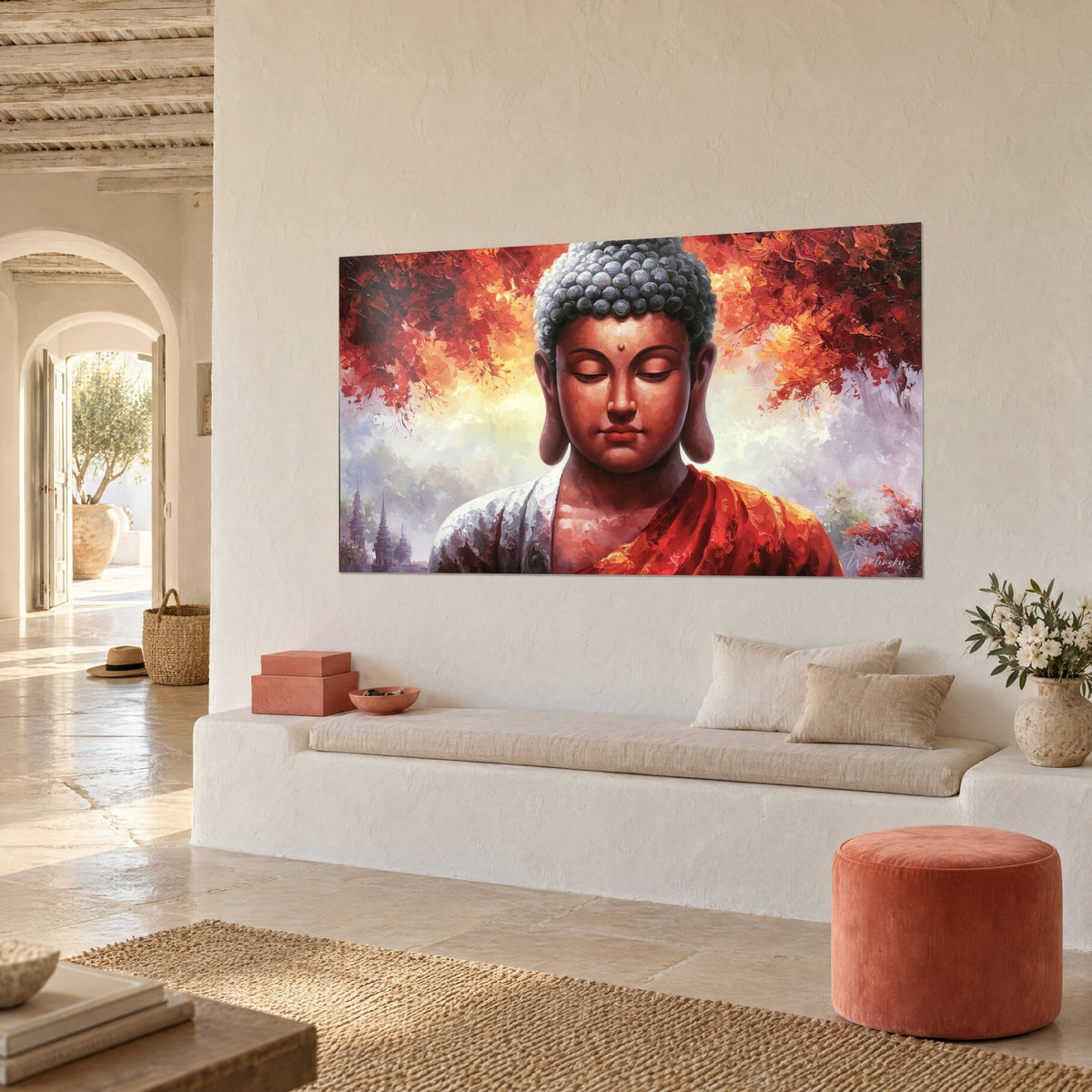 Tableau portrait du Éveillé en peinture à l'huile, crâne gris bleuté et robe rouge, sur un mur blanc, vue de trois-quarts, banquette en alcôve
