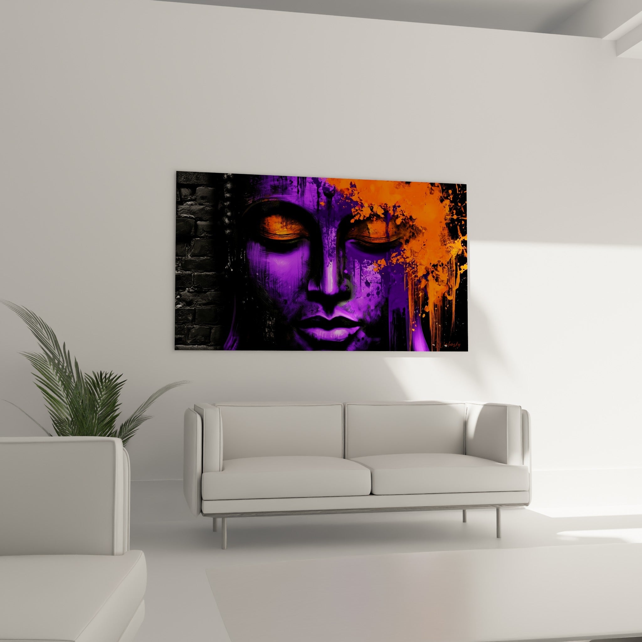 Bouddha méditatif en violet profond et orange vif, au-dessus d'un canapé dans un salon lumineux