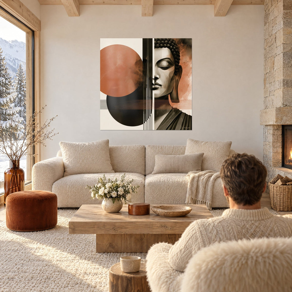 Tableau visage de Bouddha aux paupières closes, cercle terracotta et disque noir, vu de dos au-dessus d'un canapé dans un salon lumineux