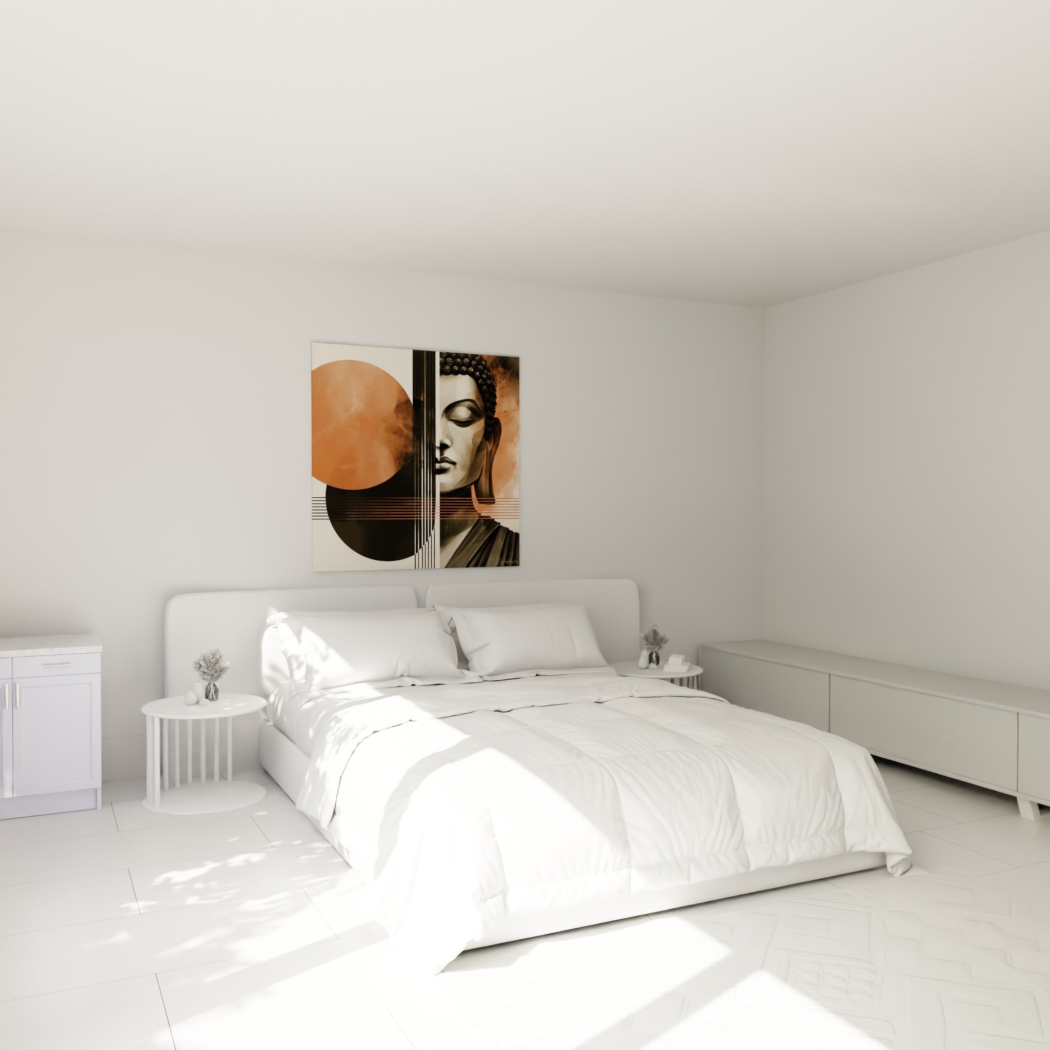 Bouddha serein en camaïeu gris et terracotta, accroché au-dessus d'un lit dans une chambre claire