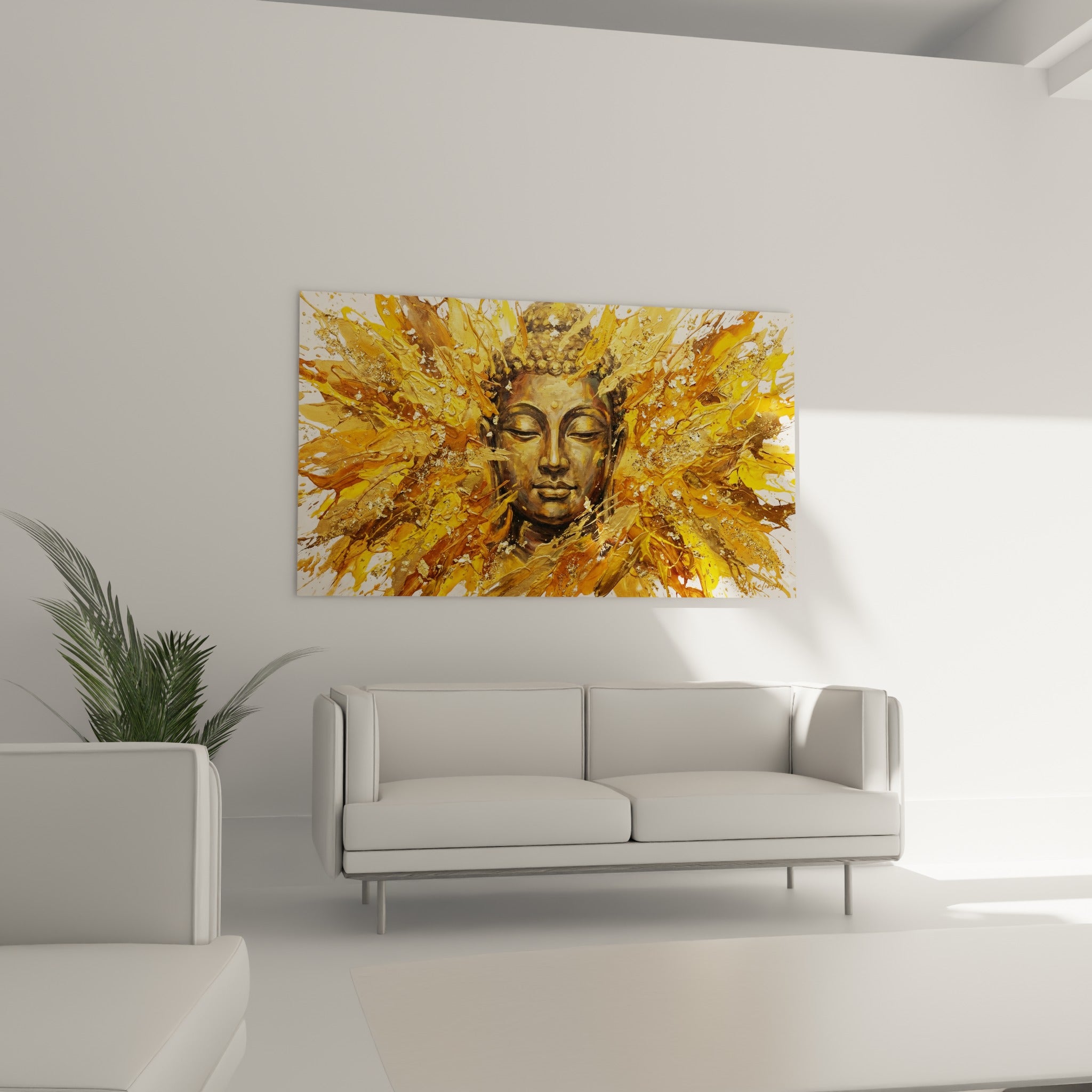 Bouddha méditatif entouré d'éclats jaunes et ocre, placé au-dessus d'un canapé dans un salon lumineux