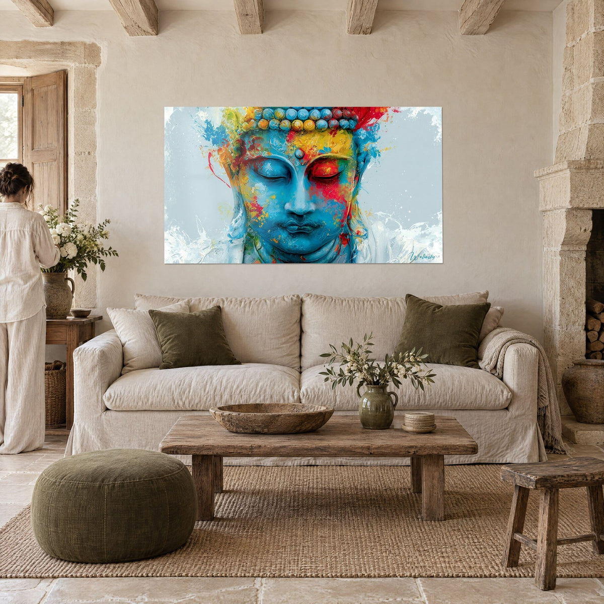 Quadro volto del Buddha blu turchese con palpebre chiuse, perline gialle e rosse, appeso sopra un divano in un soggiorno luminoso