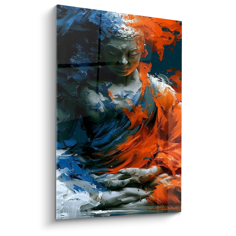 Tableau Statue bleu marine et orange aux mains reposées - Flammes tourbillonnantes sur l'épaule - Edition Bouddha