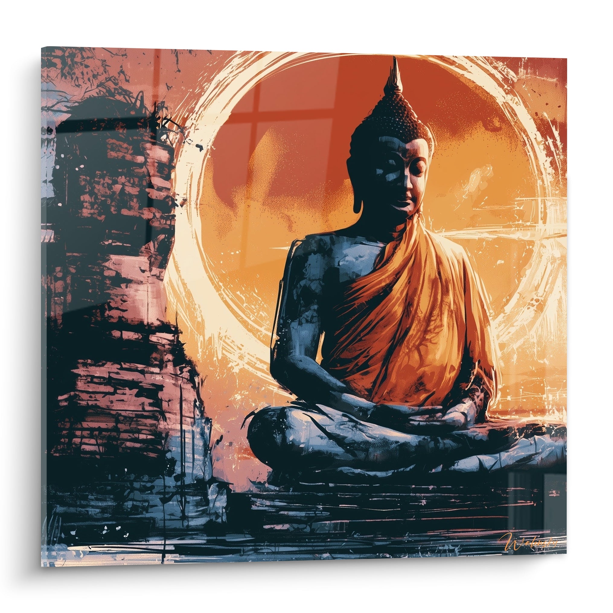 Bouddha assis drapé orange safran, silhouette anthracite devant un cercle doré peint