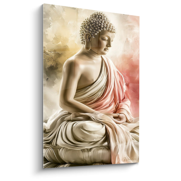Tableau Statue ivory and rose with silky drape - Hands posed in a cross-legged position - Buddha Edition