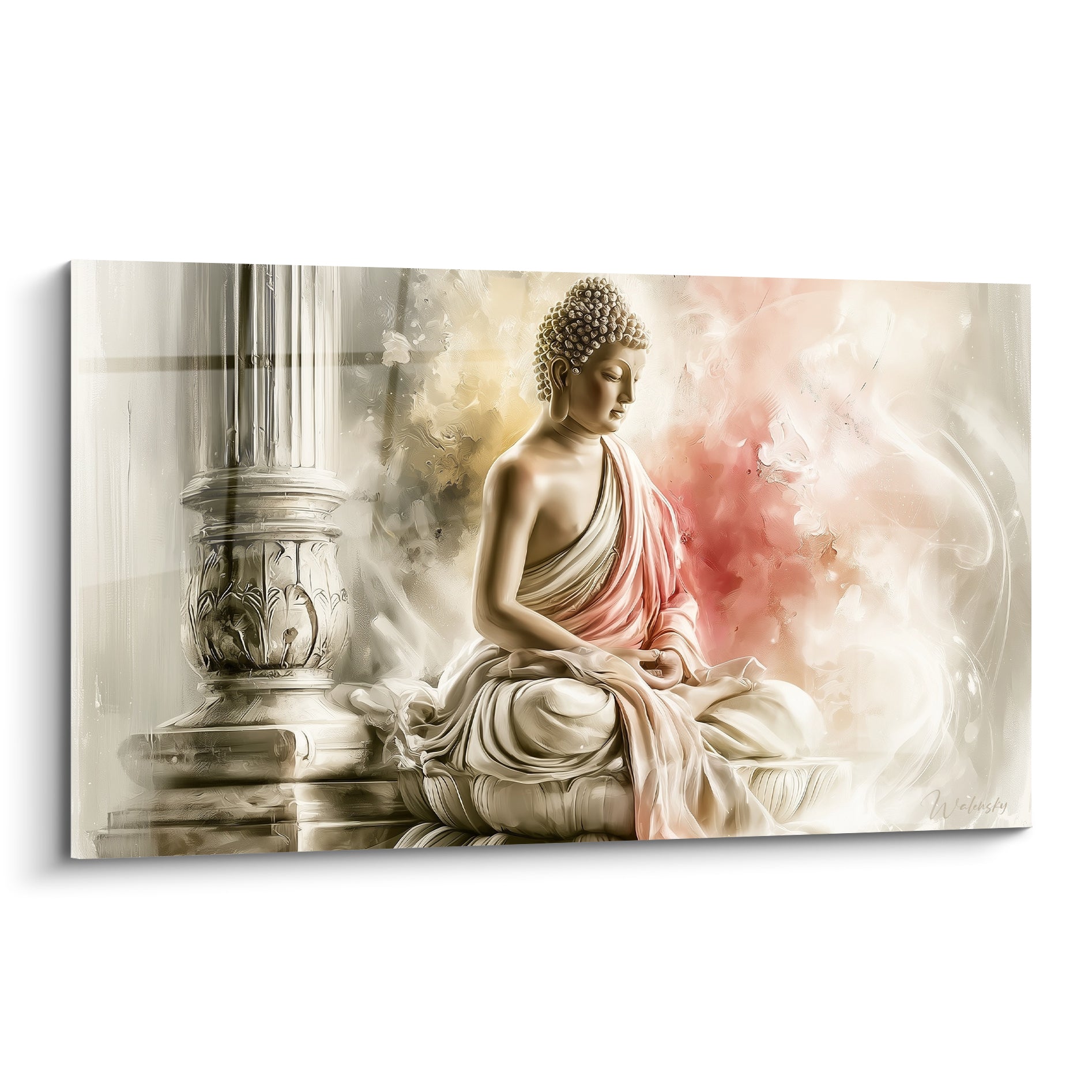 Bouddha assis en méditation, drapé rose poudré et ivoire, colonne sculptée en arrière-plan