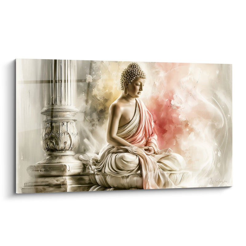 Tableau Statue assise ivoire et rose près d'une colonne sculptée - Drapé soyeux entrouvert - Edition Bouddha