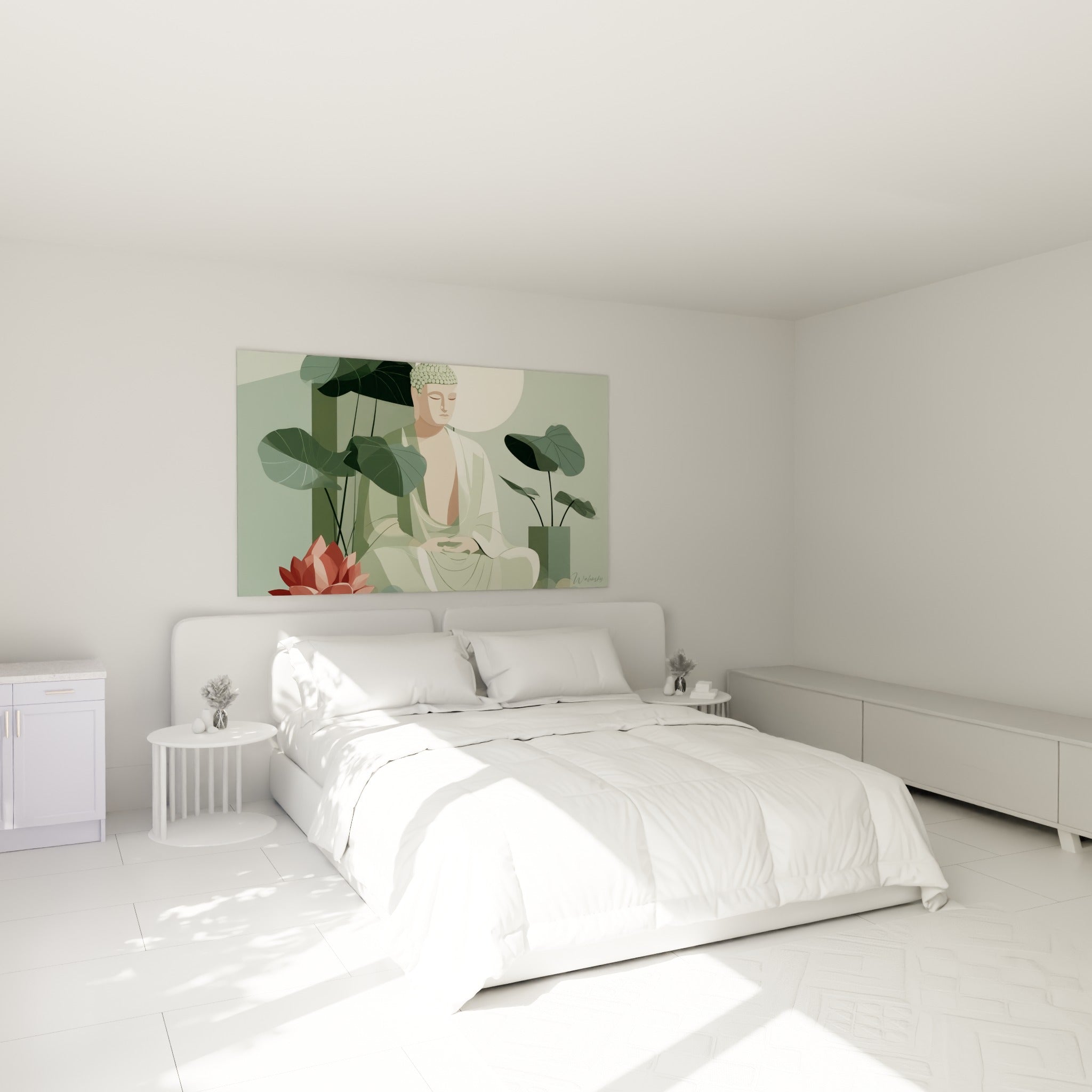 Silhouette méditative vert sauge et rose accrochée au-dessus d'un lit dans une chambre claire
