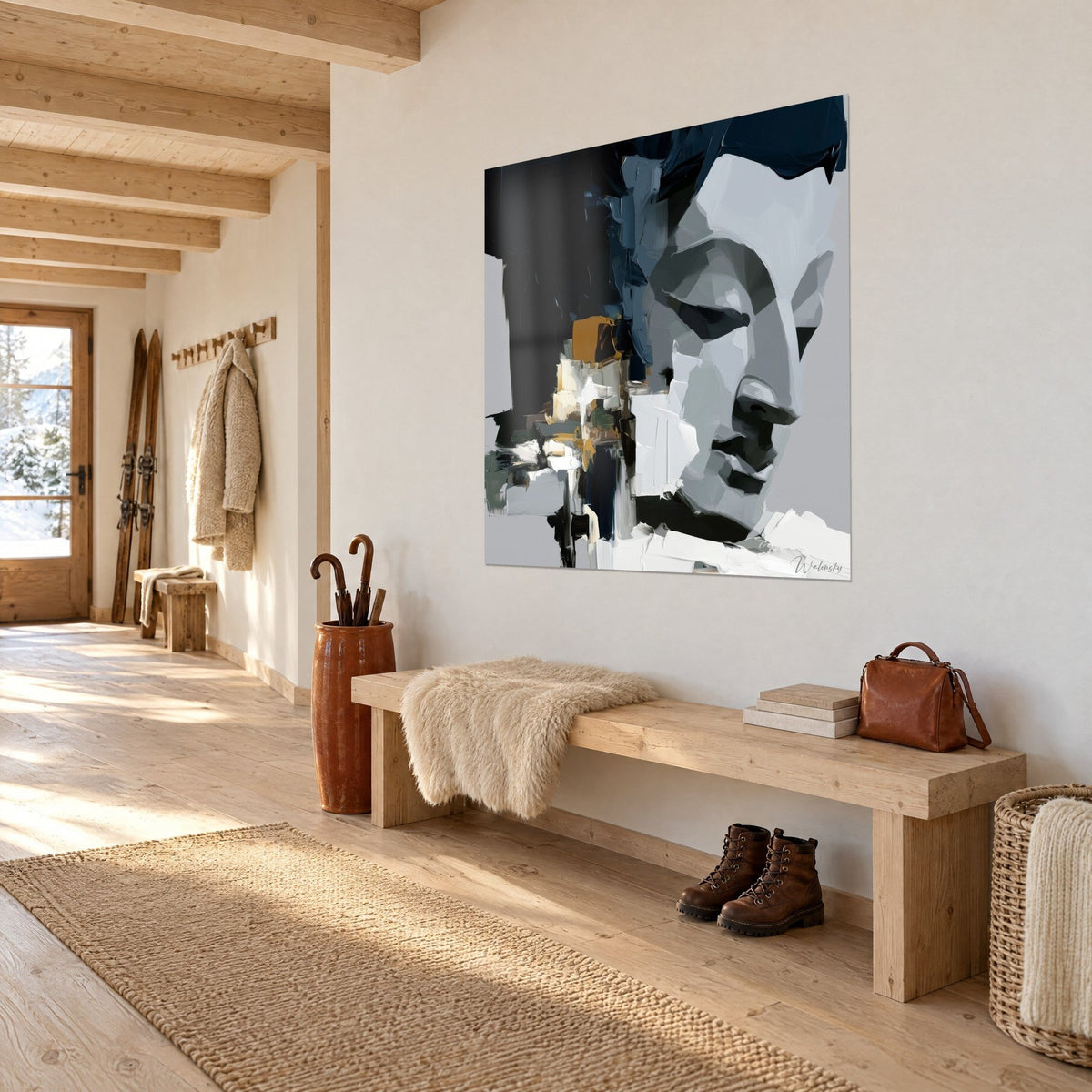 Tableau profil sculpté aux blocs anguleux gris et nuit, touches ocre et crème, mur blanc d'un couloir de chalet en bois clair