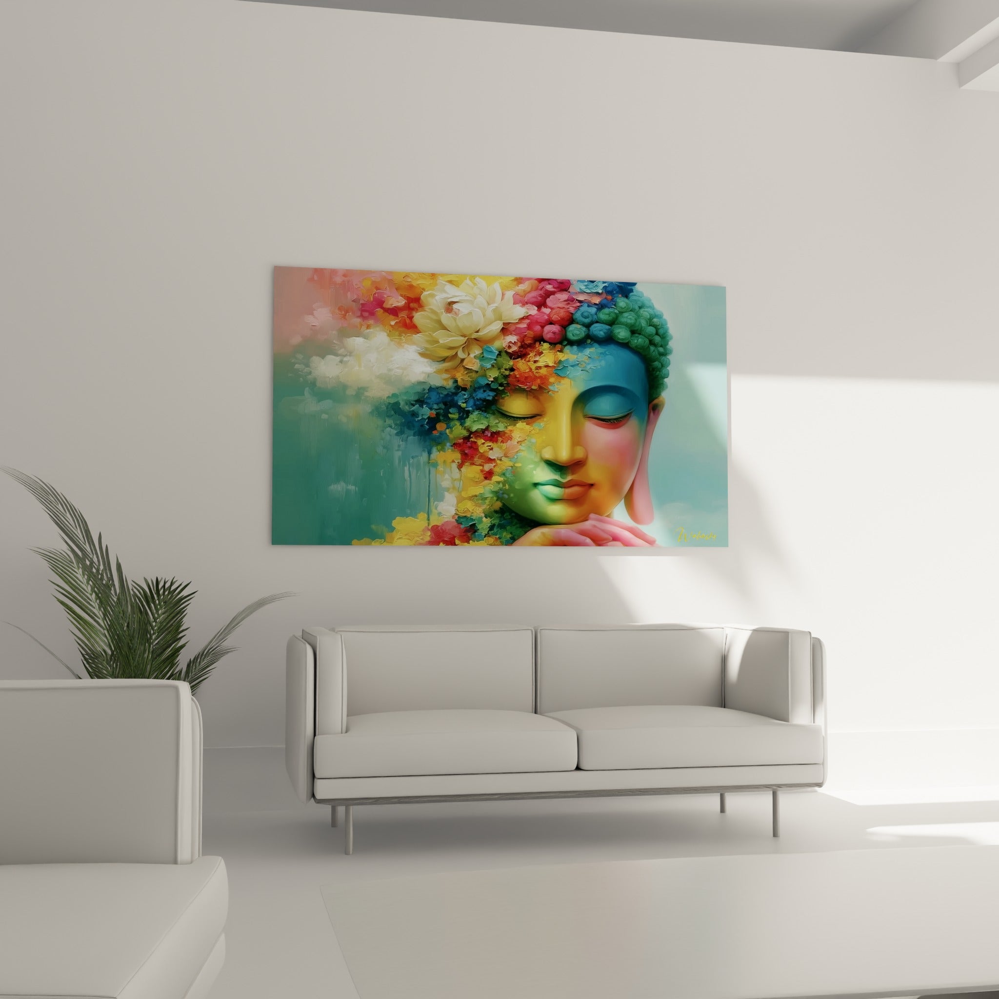 Visage méditatif de Bouddha aux teintes vertes et orangées, suspendu au-dessus d'un canapé dans un salon lumineux