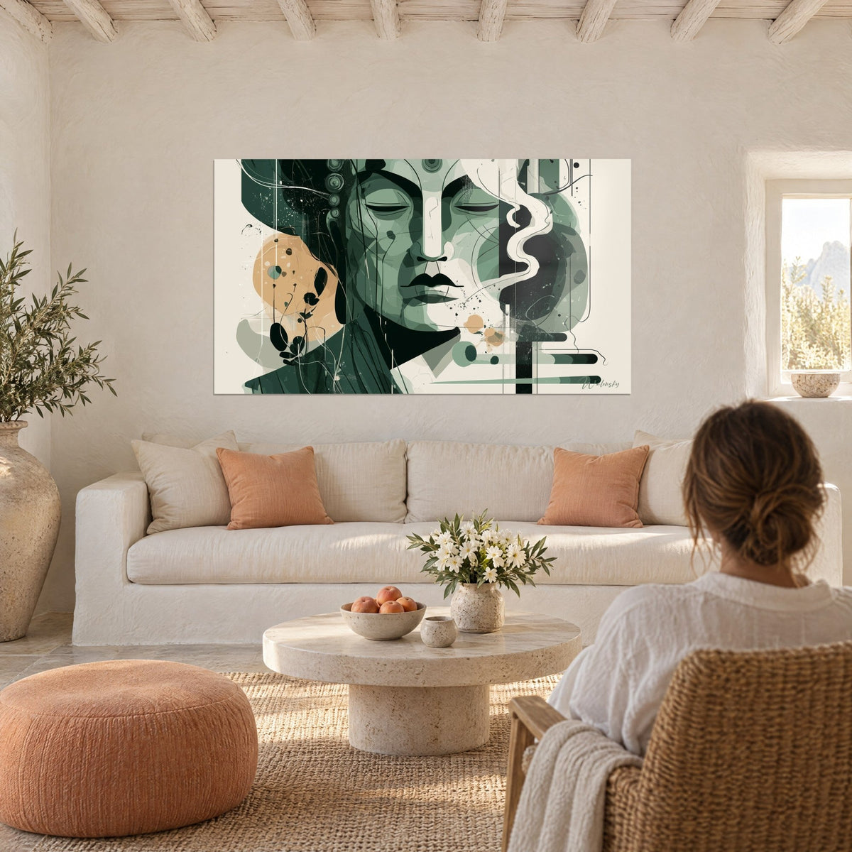 Tableau visage de Bouddha aux paupières closes, vert sauge et noir, disque abricot, au-dessus d'un canapé dans un salon lumineux