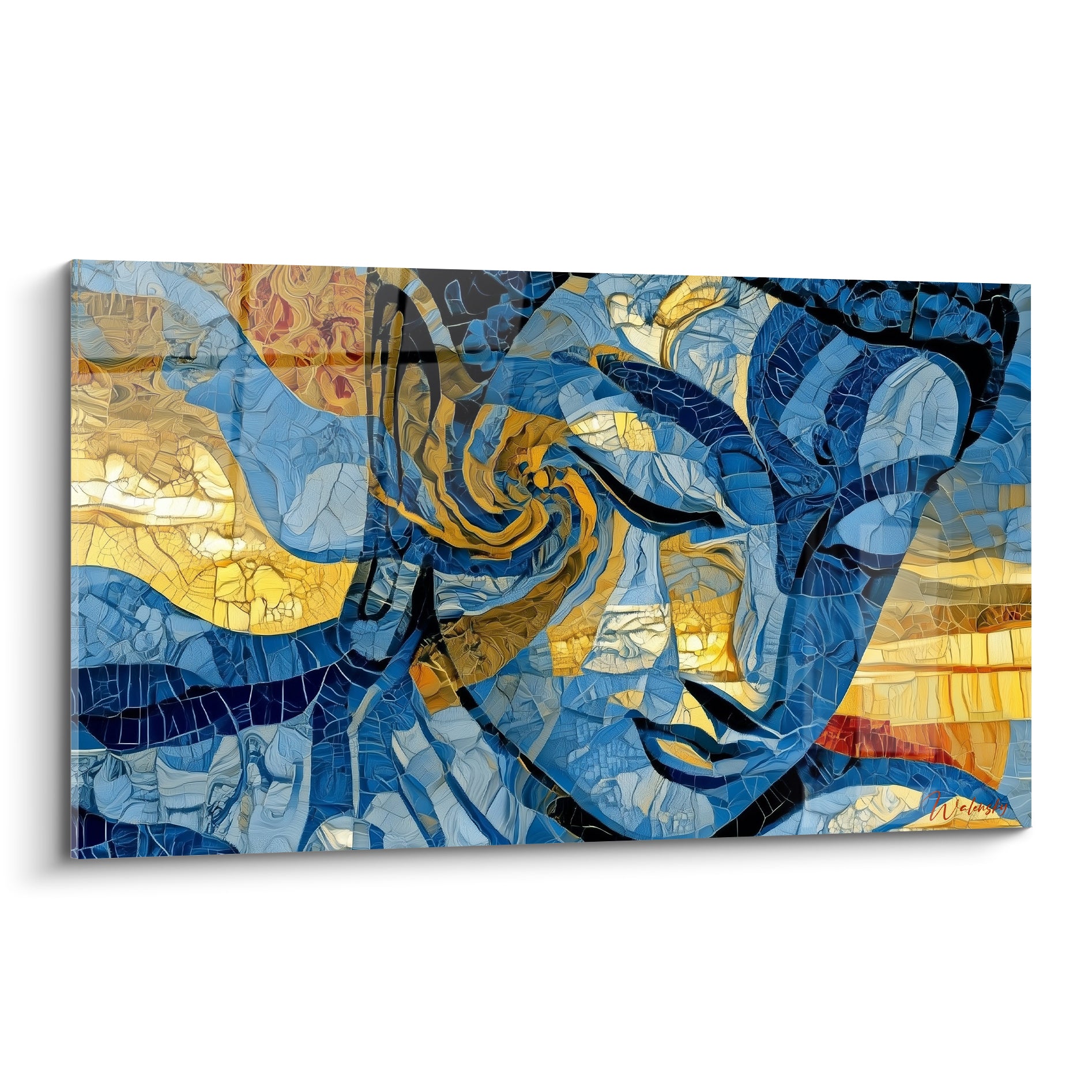Bouddha en mosaïque bleu marine et doré, visage serein fragmenté façon vitrail