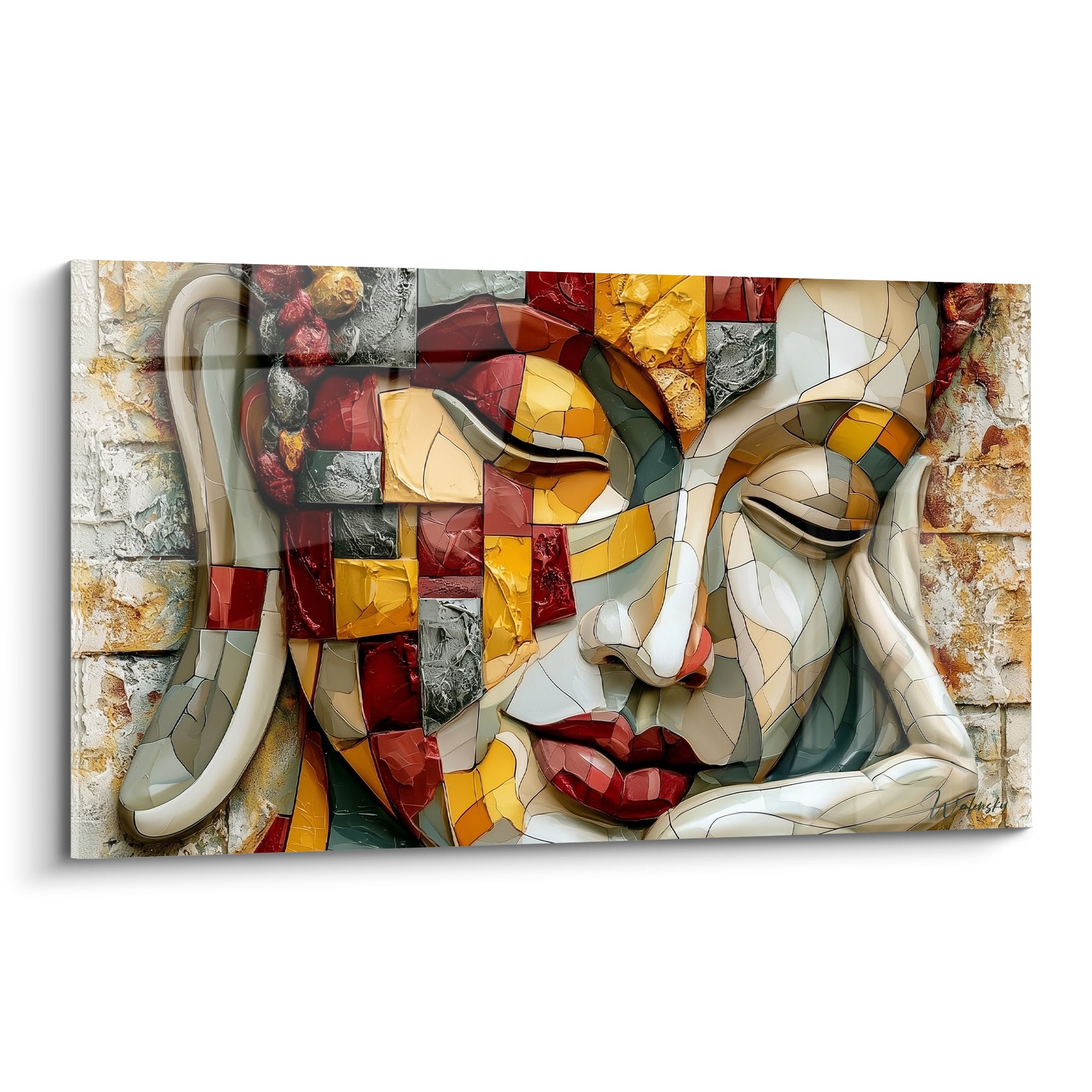 Bouddha au visage fragmenté terracotta, doré et anthracite, yeux clos, style mosaïque sculptée
