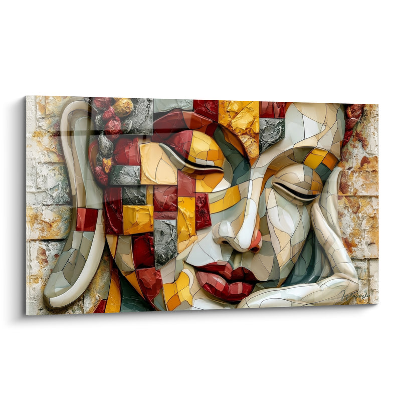 Tableau Visage rouge et jaune aux lèvres carmin - Mosaïque de céramique fissurée - Edition Bouddha