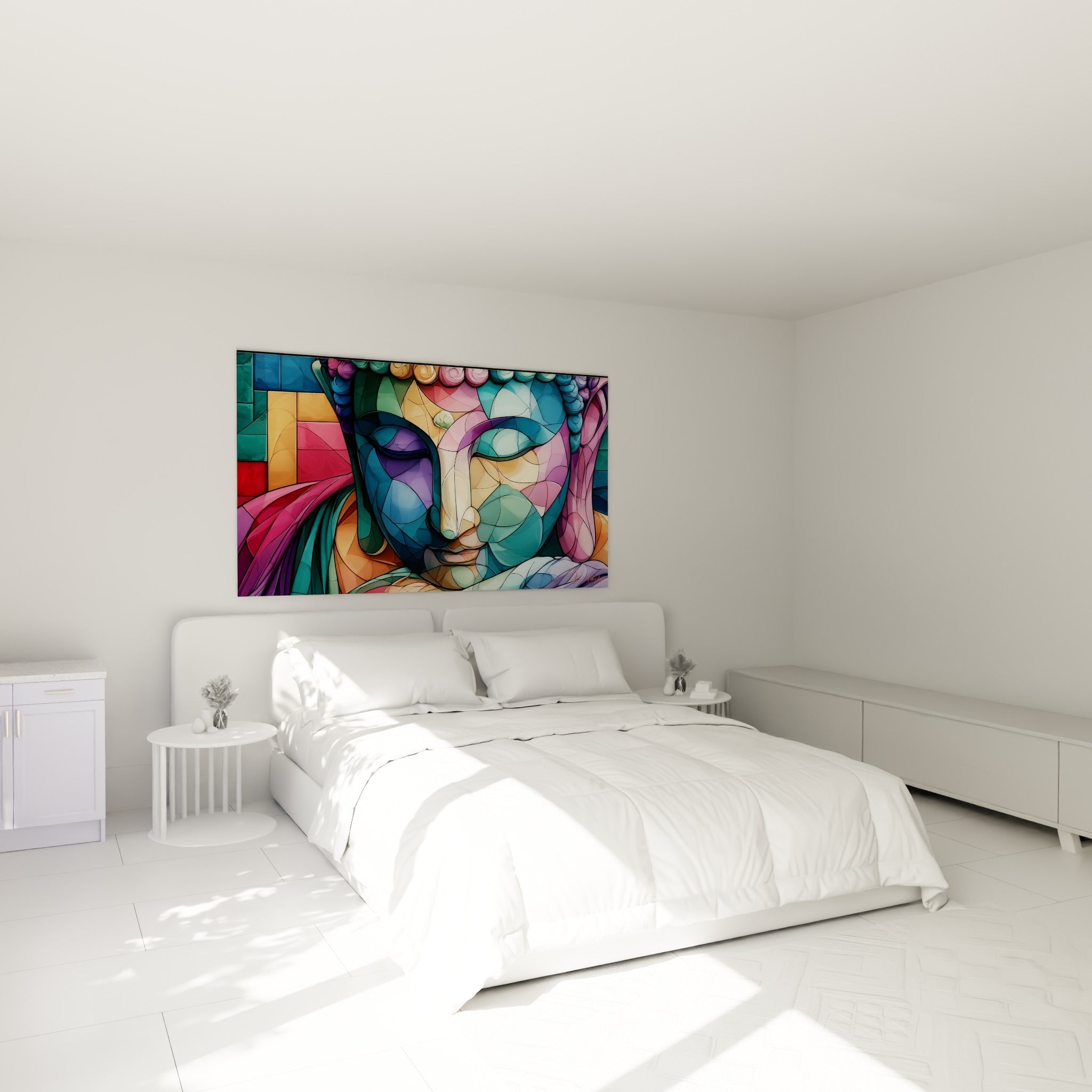 Sérénité d'un Bouddha bleu et rose en mosaïque, au-dessus d'un lit dans une chambre claire