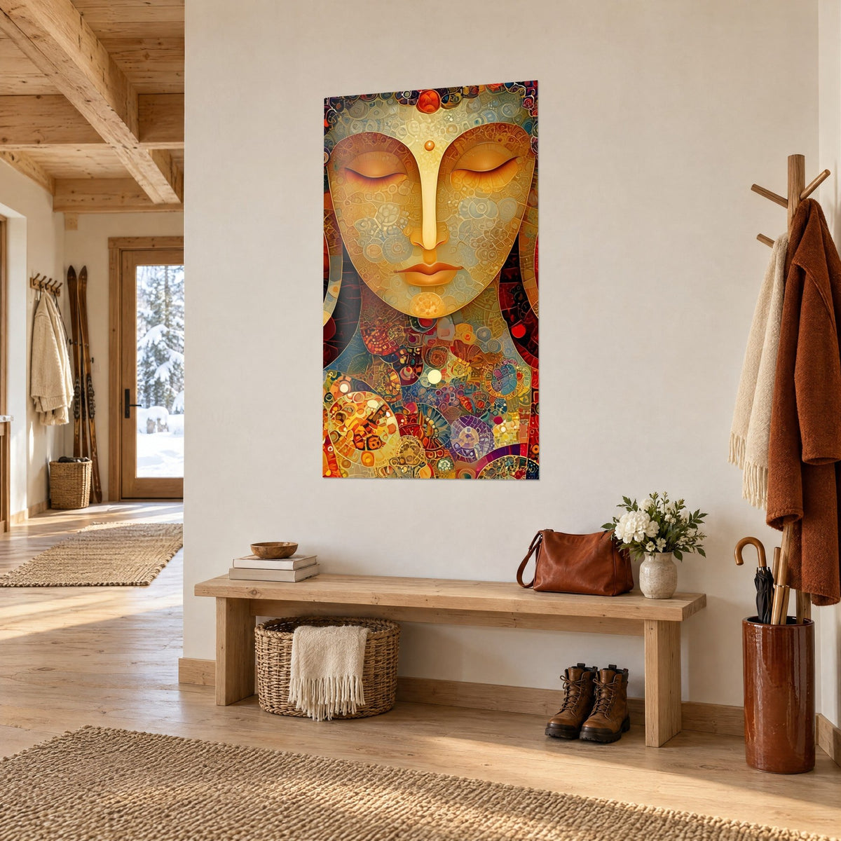 Tableau Bouddha sérénité mosaïquée, front orné d'un point orange, cuivre et bleu, vu de trois-quarts dans l'entrée chalet