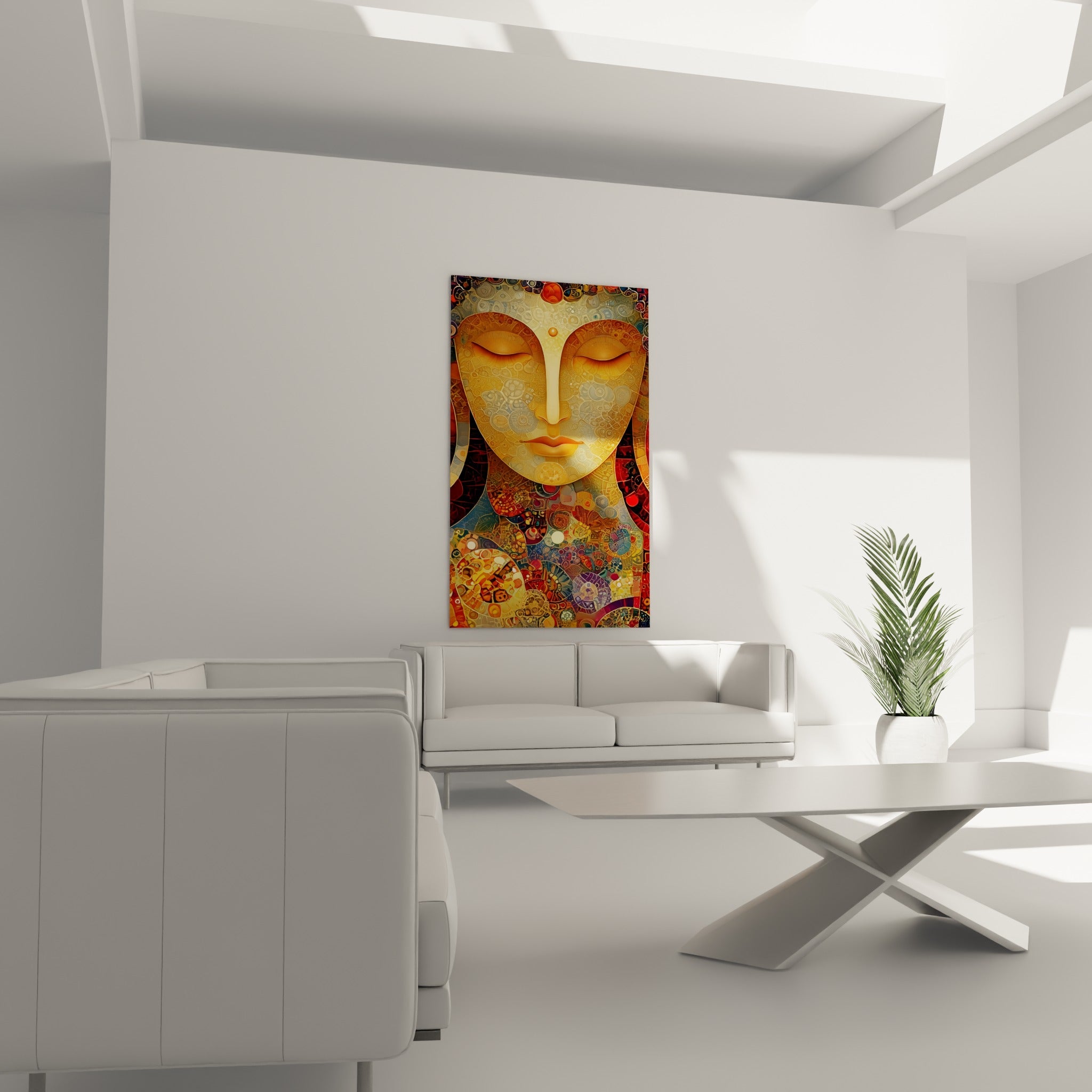 Bouddha aux teintes dorées et bordeaux, motifs circulaires, au-dessus d'un canapé dans un salon lumineux