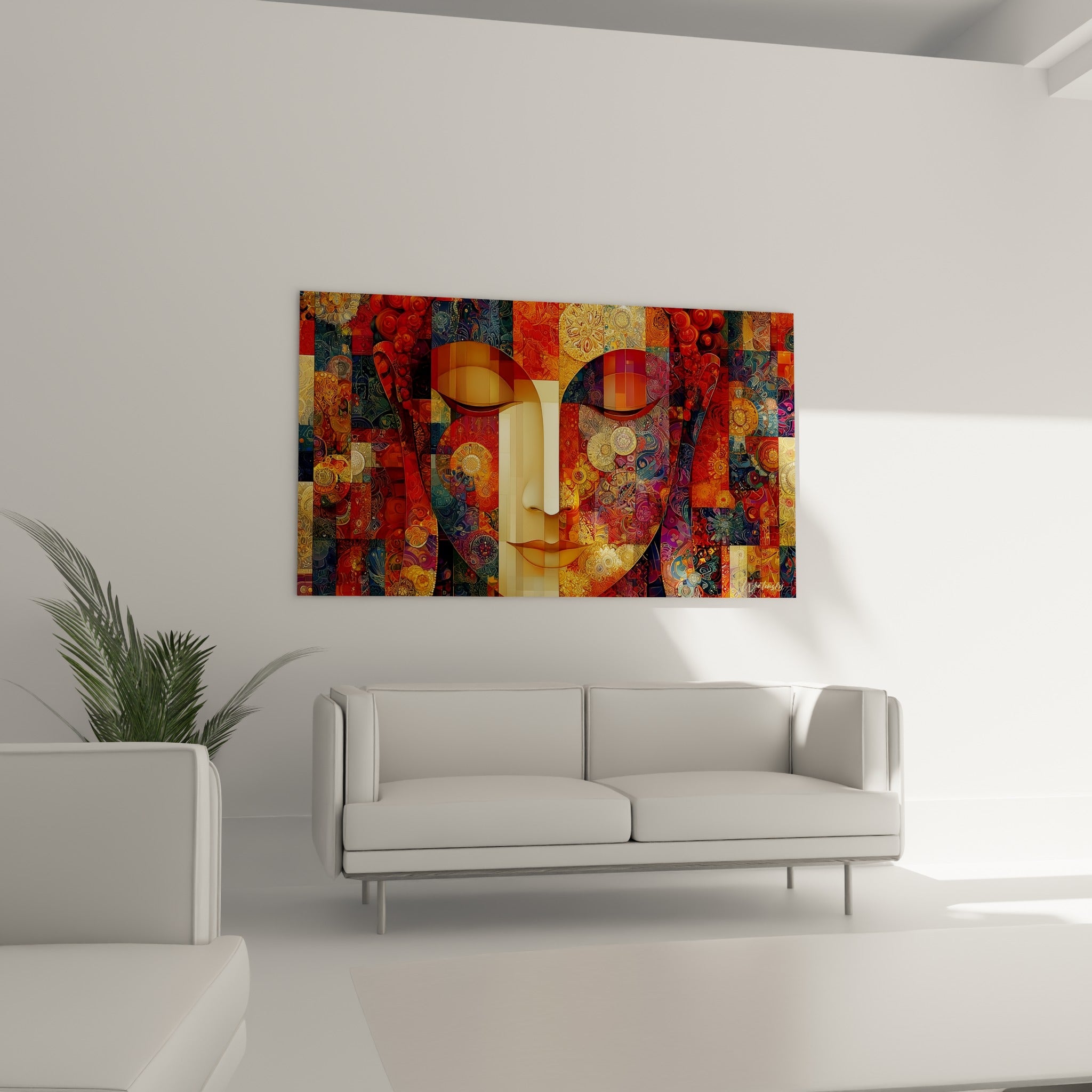 Sérénité du visage Bouddha rouge et doré, motifs floraux détaillés, au-dessus d'un canapé dans un salon lumineux