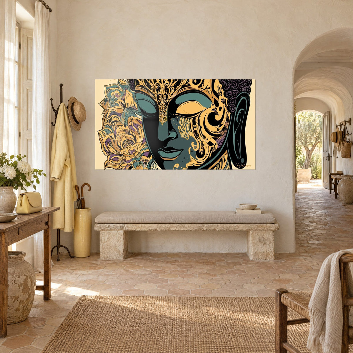 Gemälde Gesicht der Gelassenheit in Grünspan, goldene Schnörkel und violette Blüten, an einer weißen Wand eines gewölbten provenzalischen Flurs