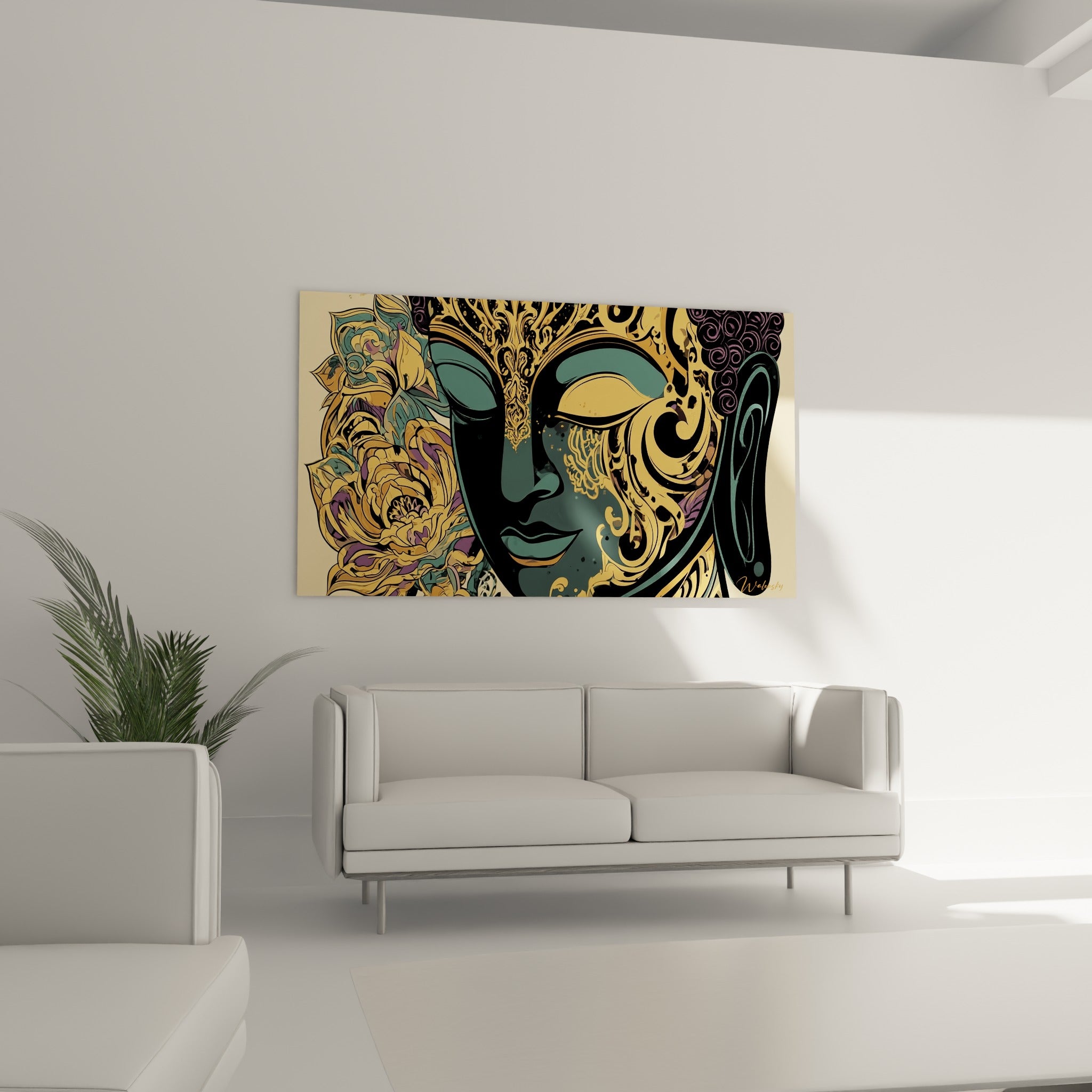 Sérénité du Bouddha vert sarcelle et pivoines ocre au-dessus d'un canapé dans un salon lumineux