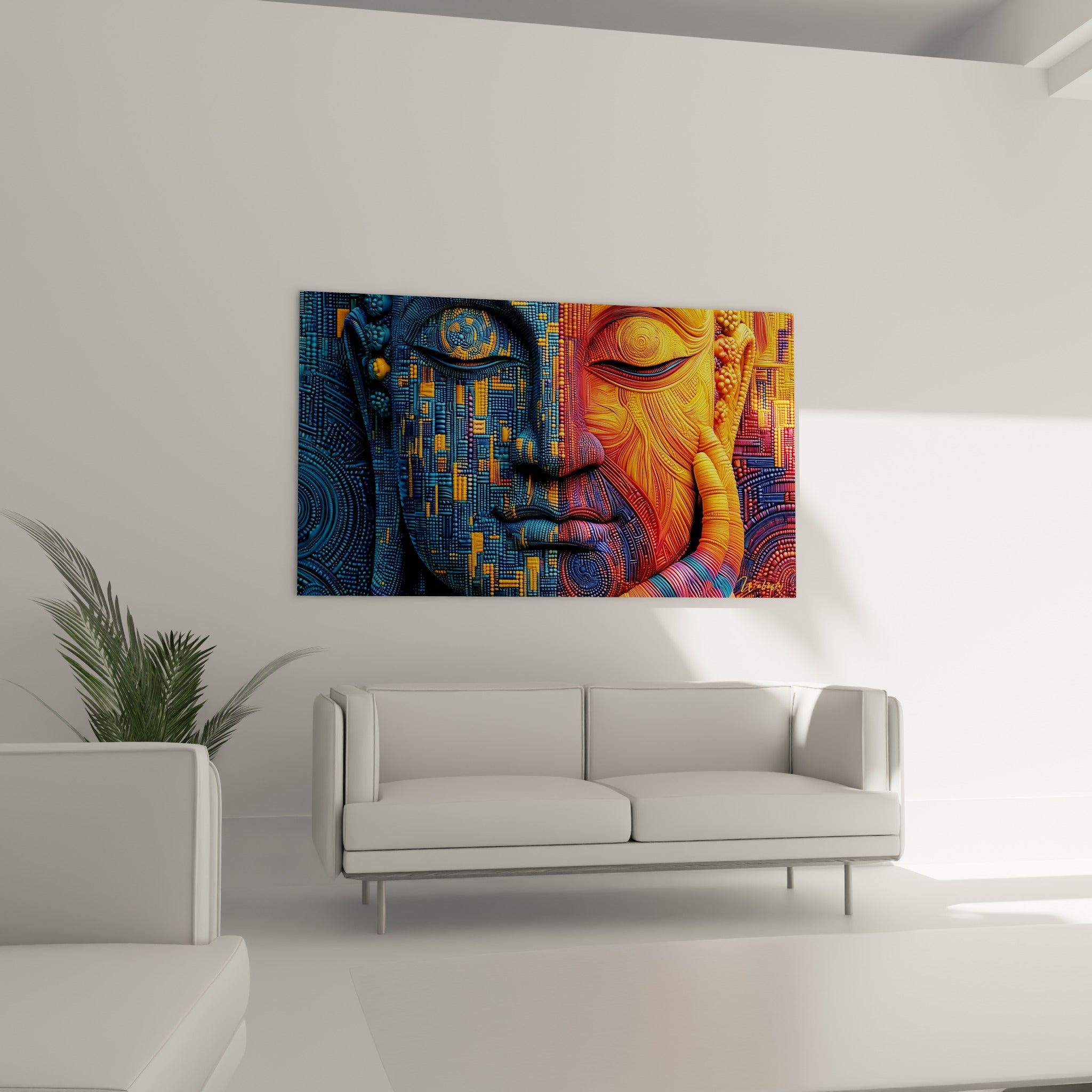 Bouddha ocre et anthracite en méditation, au-dessus d'un canapé dans un salon lumineux