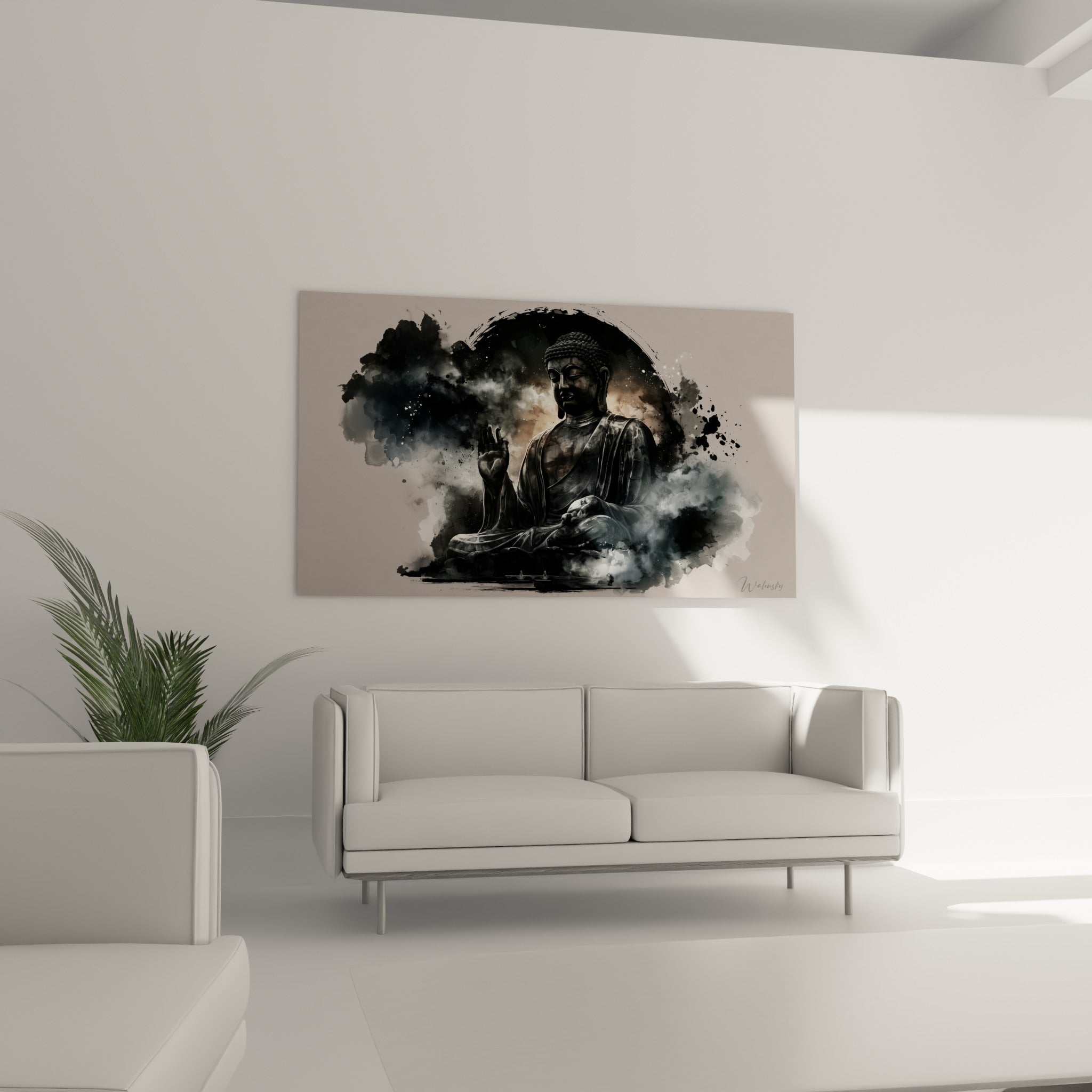 Silhouette de Bouddha anthracite et beige, posture méditative, au-dessus d'un canapé dans un salon lumineux