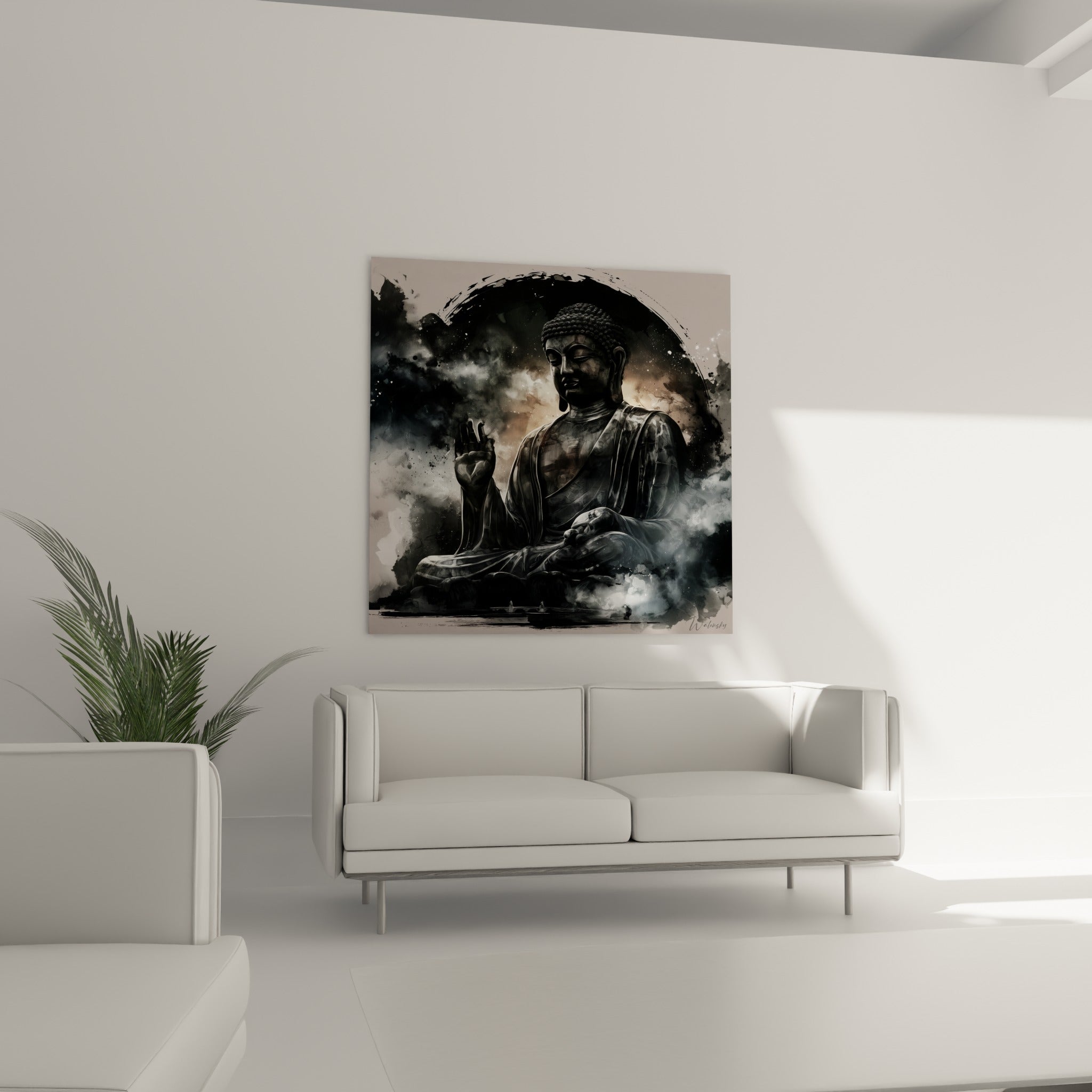 Bouddha anthracite entouré de brume blanche, geste apaisé, au-dessus d'un canapé dans un salon lumineux