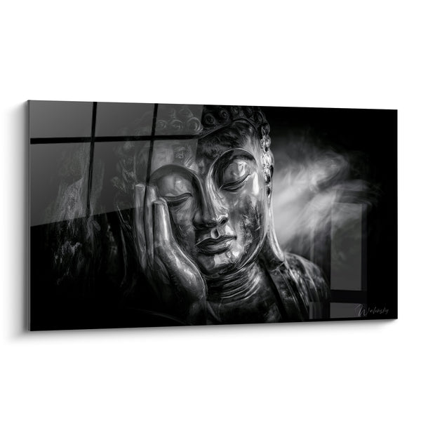 Black and Silver Statue Painting, Hand on Cheek - Grated Window Background - Buddha Edition