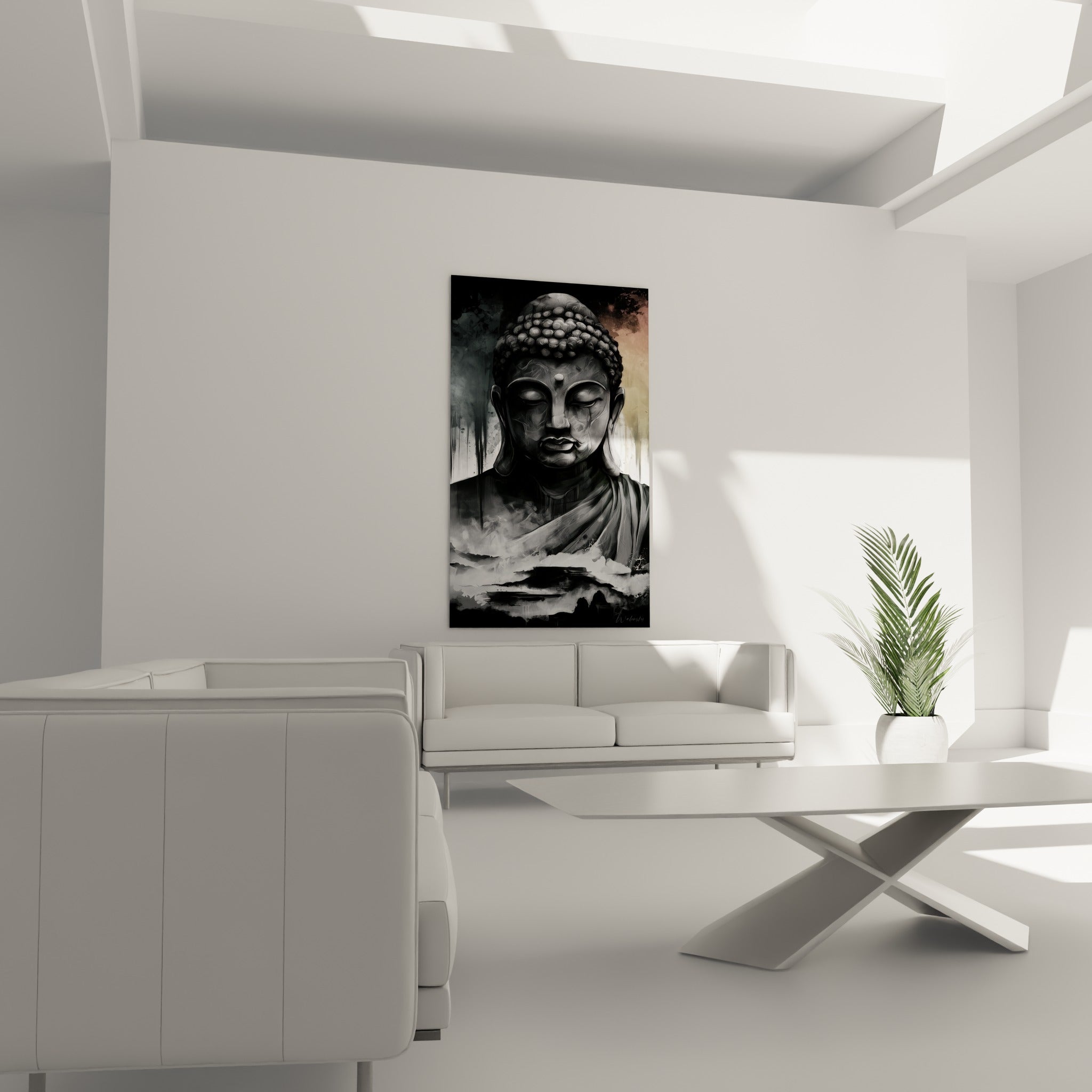 Statue du Bouddha noire et blanche empreinte de sérénité, au-dessus d'un canapé dans un salon lumineux