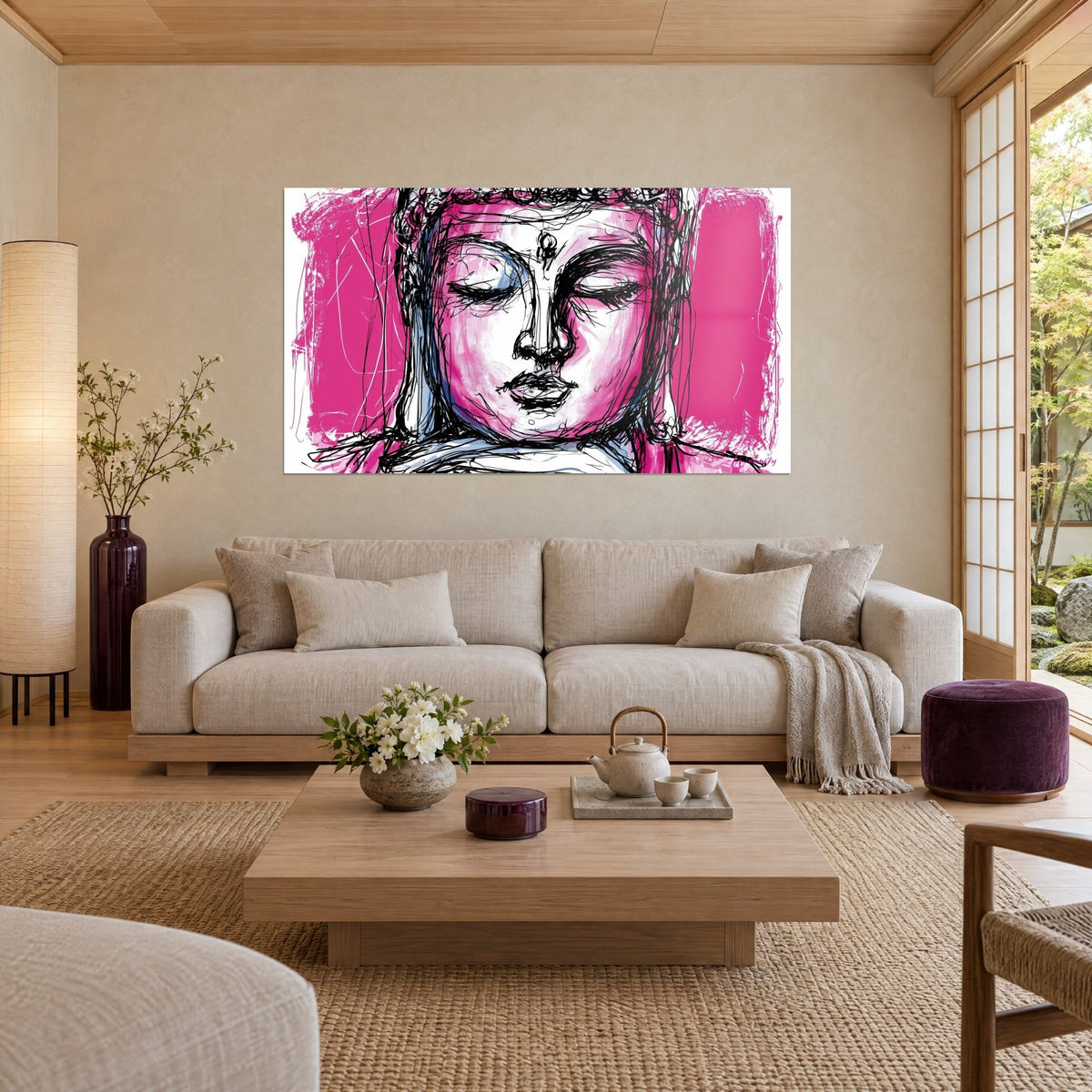 Cuadro rostro de Buda con párpados cerrados, fondo fucsia y trazos de tinta negra, sobre un sofá en un salón luminoso